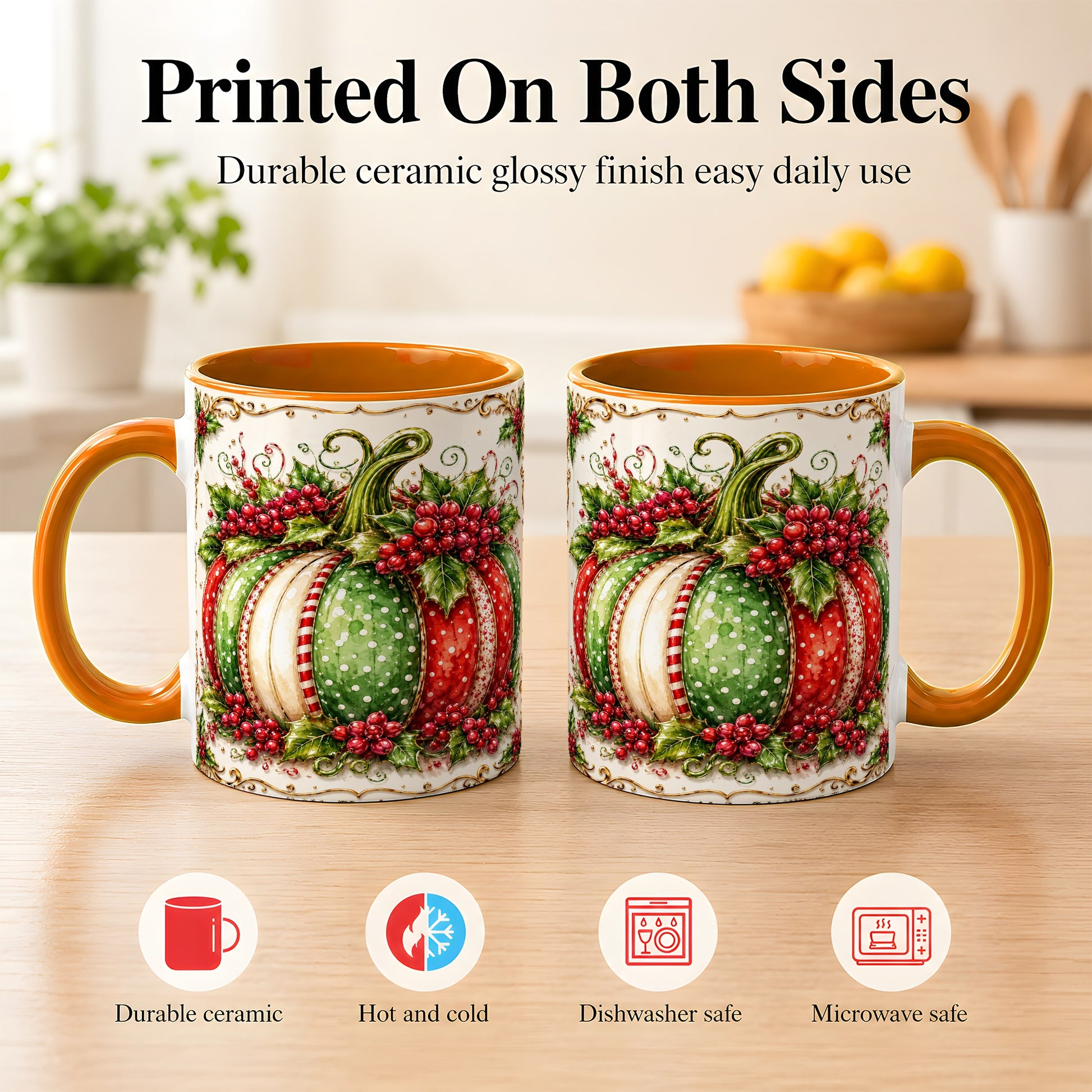 #pl[11oz|Orange] Christmas Pumpkin Coffee Mug, Holly Berry Mug, Ceramic Cup