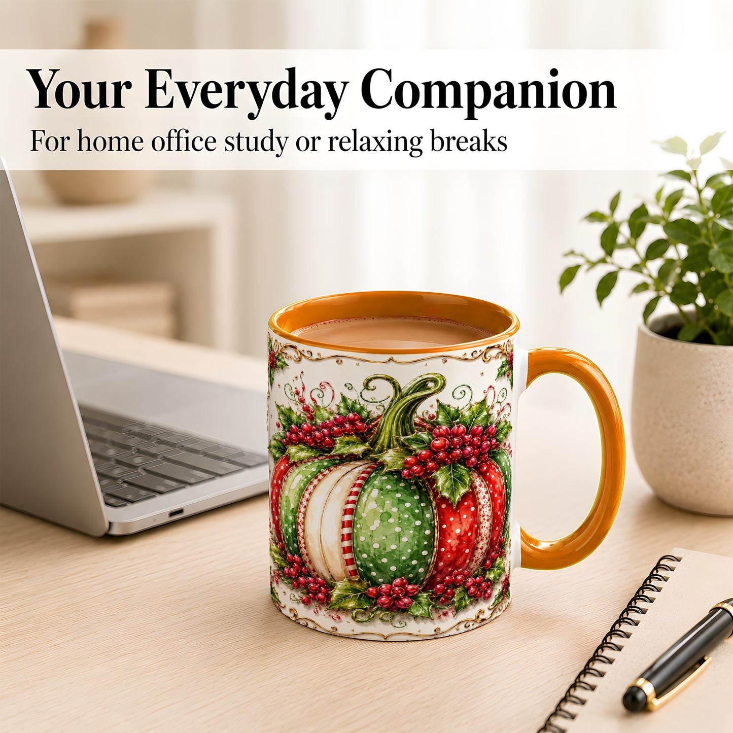 #pl[11oz|Orange] Christmas Pumpkin Coffee Mug, Holly Berry Mug, Ceramic Cup