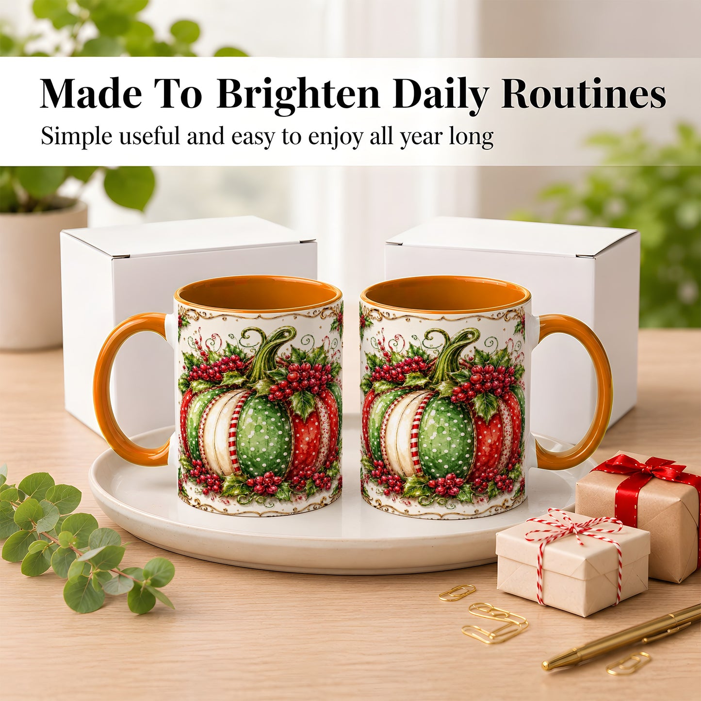 #pl[11oz|Orange] Christmas Pumpkin Coffee Mug, Holly Berry Mug, Ceramic Cup