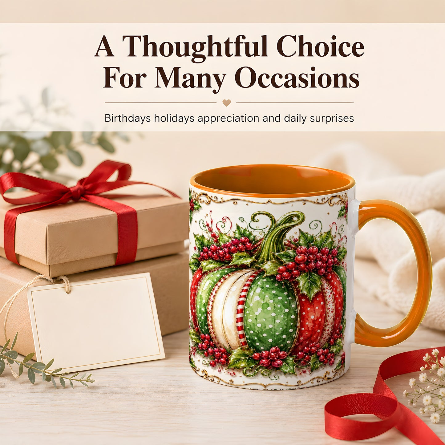 #pl[11oz|Orange] Christmas Pumpkin Coffee Mug, Holly Berry Mug, Ceramic Cup