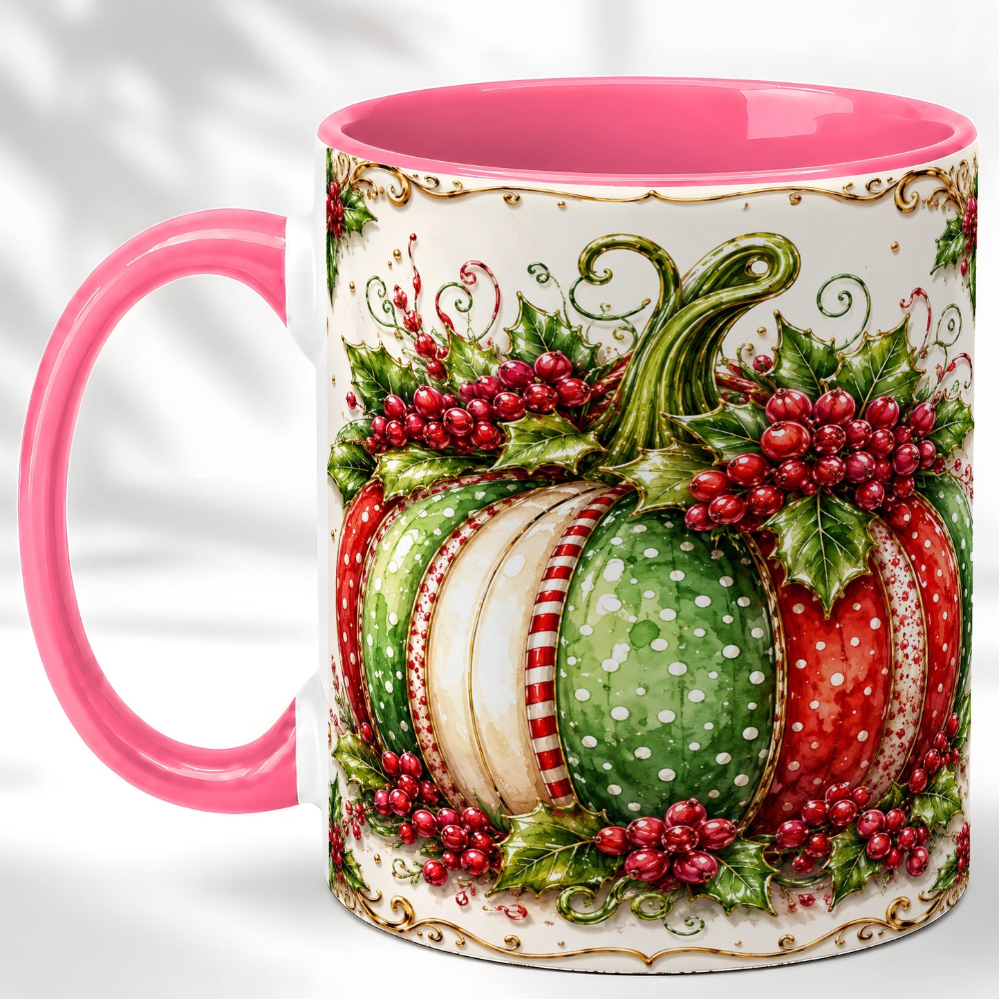 #pl[11oz|Pink] Christmas Pumpkin Coffee Mug, Holly Berry Mug, Ceramic Cup