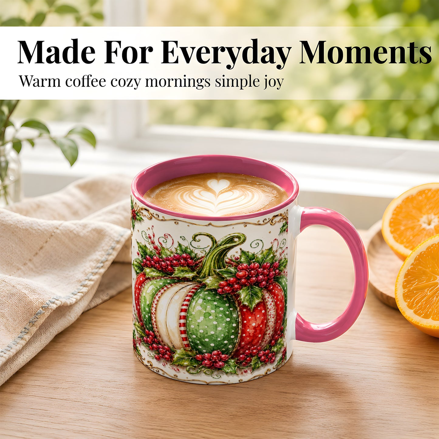 #pl[11oz|Pink] Christmas Pumpkin Coffee Mug, Holly Berry Mug, Ceramic Cup