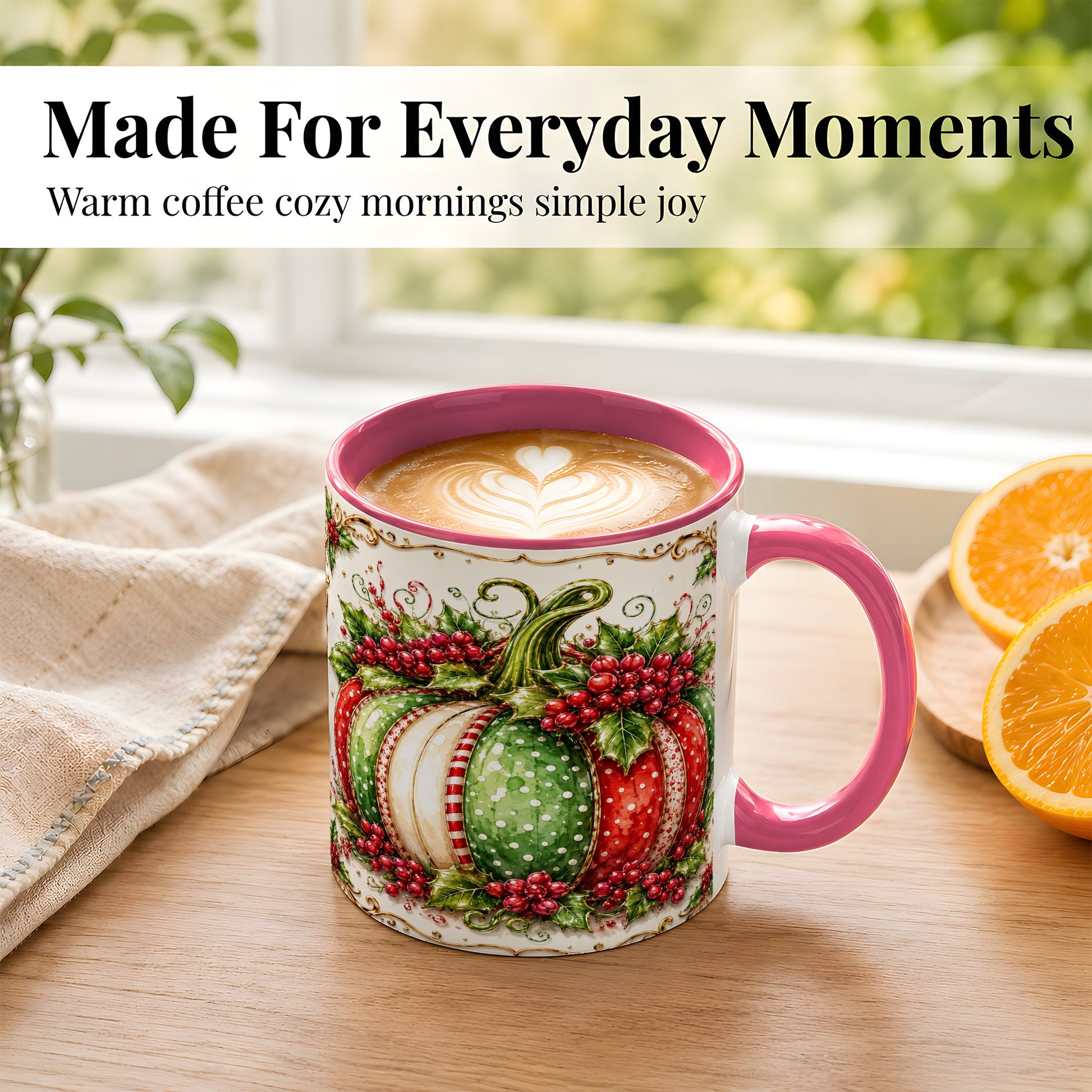 #pl[11oz|Pink] Christmas Pumpkin Coffee Mug, Holly Berry Mug, Ceramic Cup