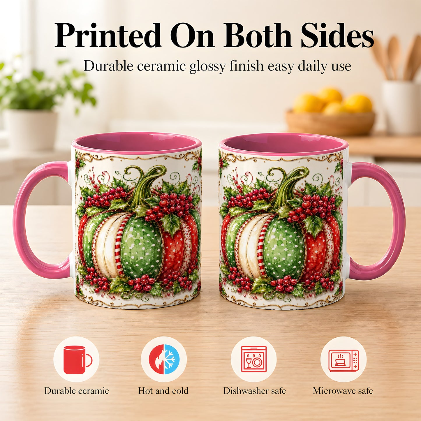 #pl[11oz|Pink] Christmas Pumpkin Coffee Mug, Holly Berry Mug, Ceramic Cup