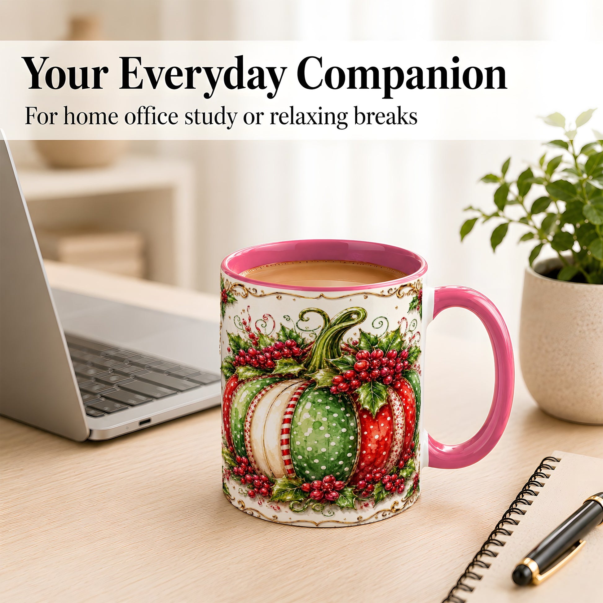 #pl[11oz|Pink] Christmas Pumpkin Coffee Mug, Holly Berry Mug, Ceramic Cup