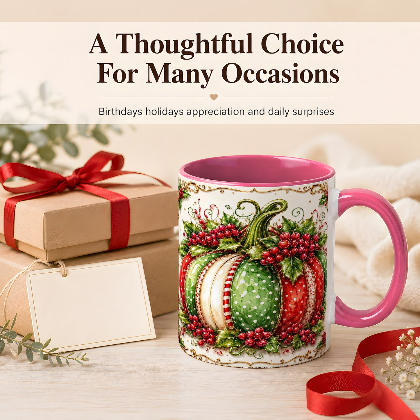 #pl[11oz|Pink] Christmas Pumpkin Coffee Mug, Holly Berry Mug, Ceramic Cup