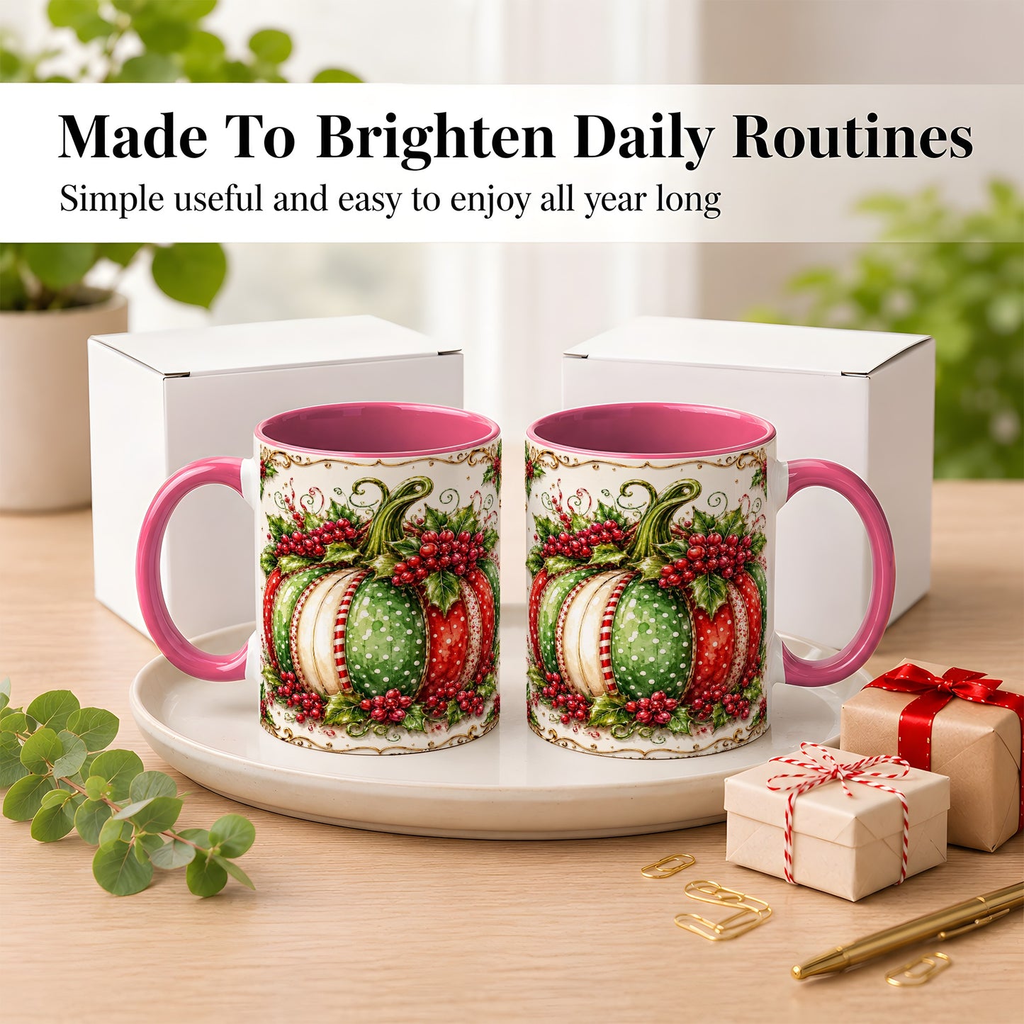 #pl[11oz|Pink] Christmas Pumpkin Coffee Mug, Holly Berry Mug, Ceramic Cup