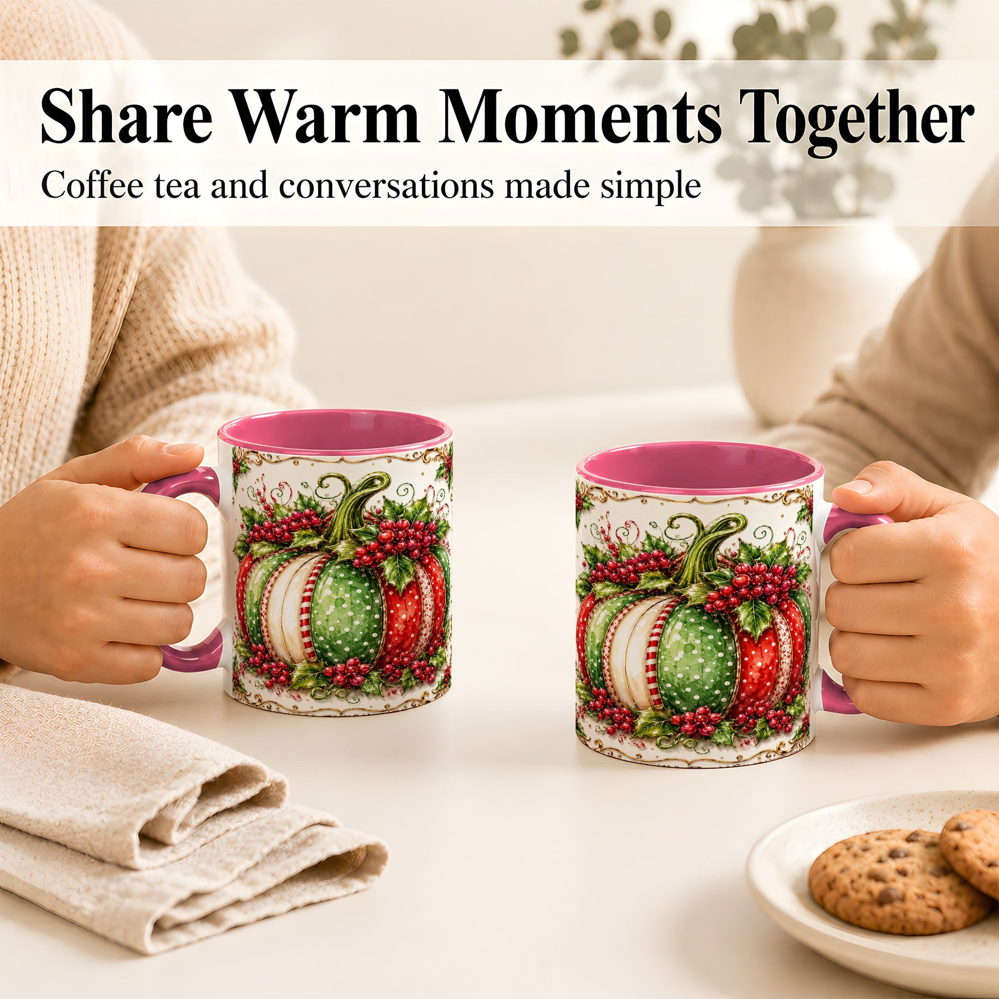 #pl[11oz|Pink] Christmas Pumpkin Coffee Mug, Holly Berry Mug, Ceramic Cup