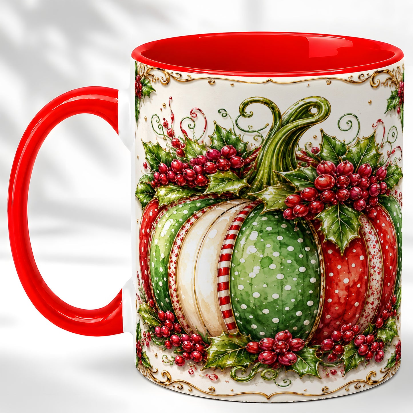 #pl[11oz|Red] Christmas Pumpkin Coffee Mug, Holly Berry Mug, Ceramic Cup