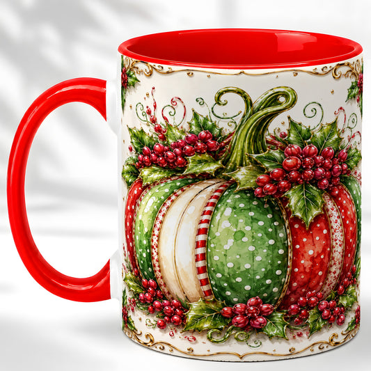 #pl[11oz|Red] Christmas Pumpkin Coffee Mug, Holly Berry Mug, Ceramic Cup