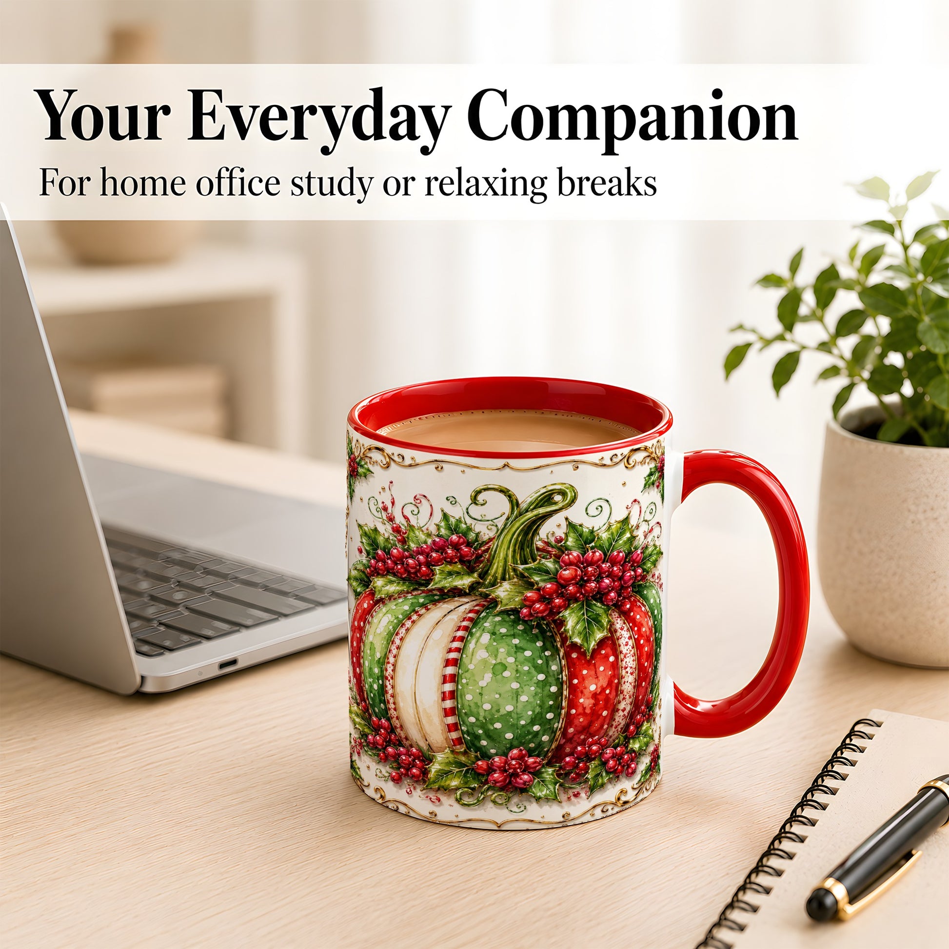 #pl[11oz|Red] Christmas Pumpkin Coffee Mug, Holly Berry Mug, Ceramic Cup