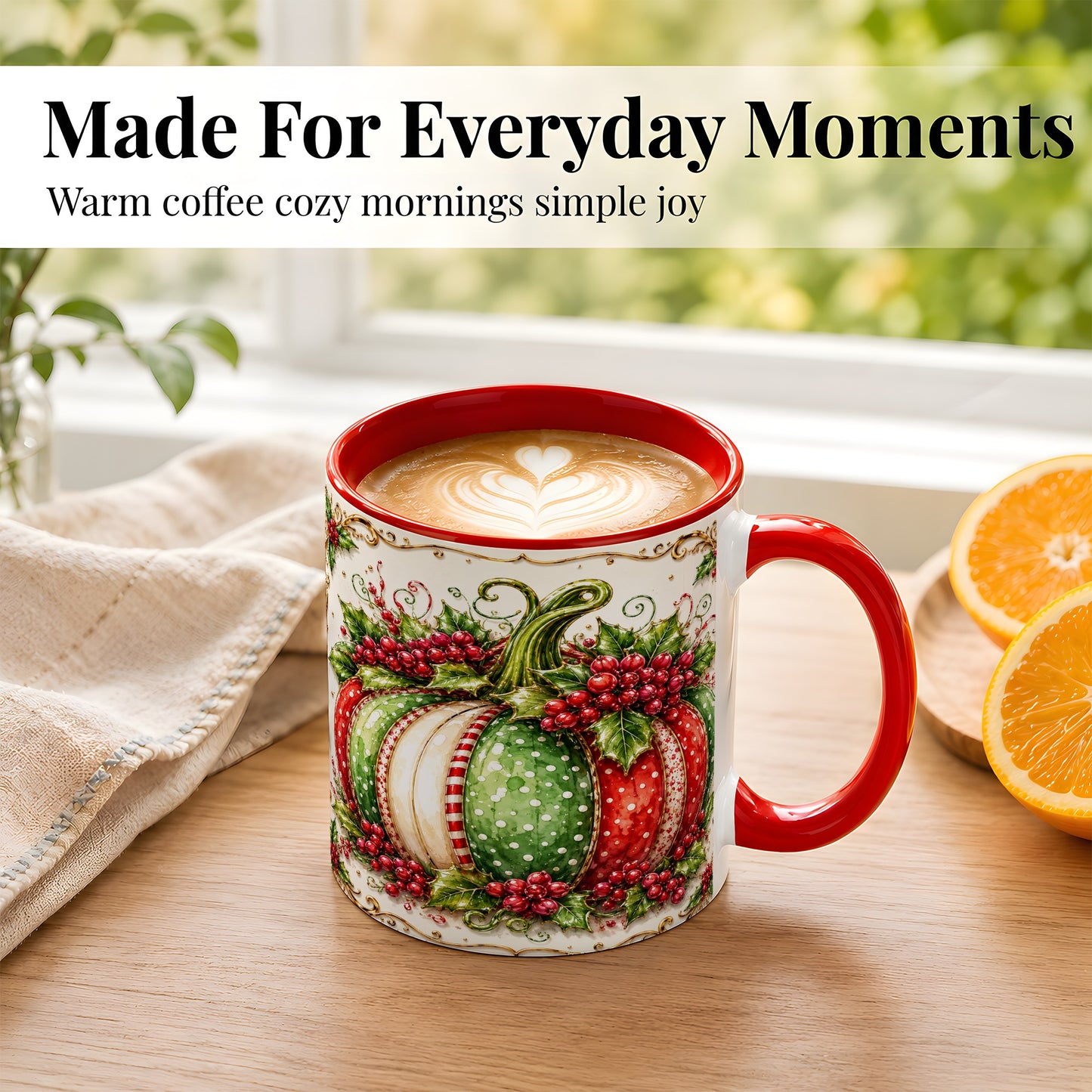 #pl[11oz|Red] Christmas Pumpkin Coffee Mug, Holly Berry Mug, Ceramic Cup