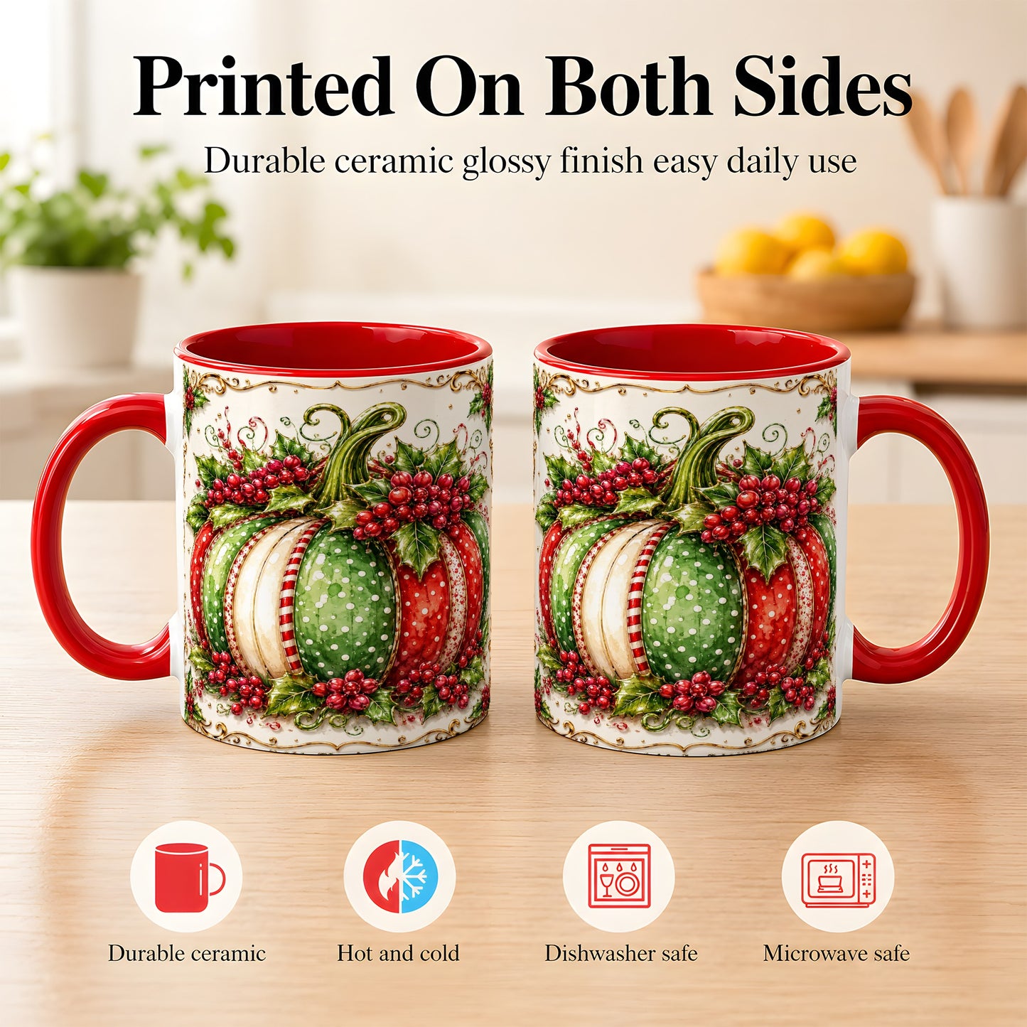 #pl[11oz|Red] Christmas Pumpkin Coffee Mug, Holly Berry Mug, Ceramic Cup