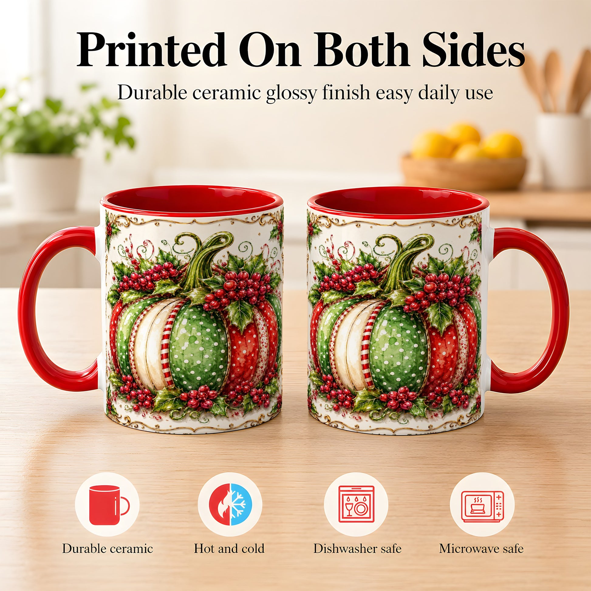 #pl[11oz|Red] Christmas Pumpkin Coffee Mug, Holly Berry Mug, Ceramic Cup