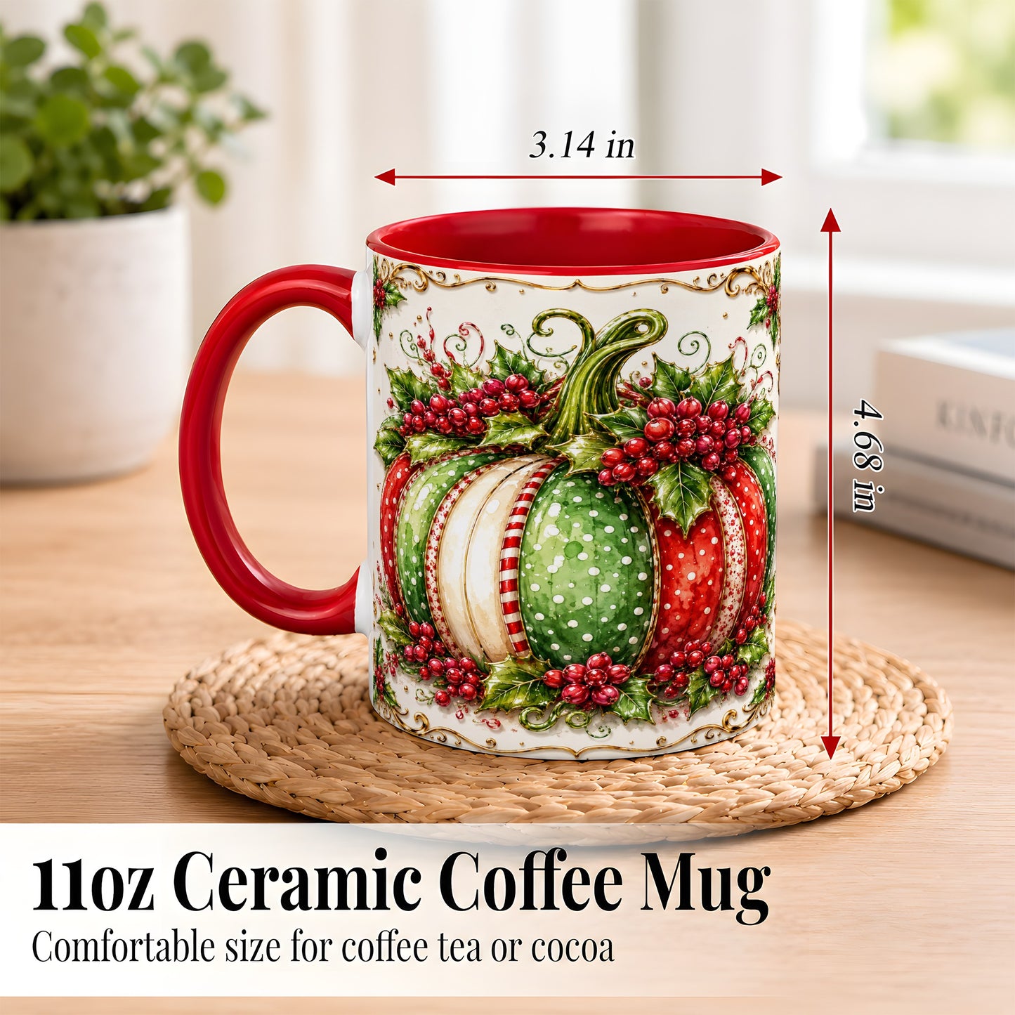 #pl[11oz|Red] Christmas Pumpkin Coffee Mug, Holly Berry Mug, Ceramic Cup