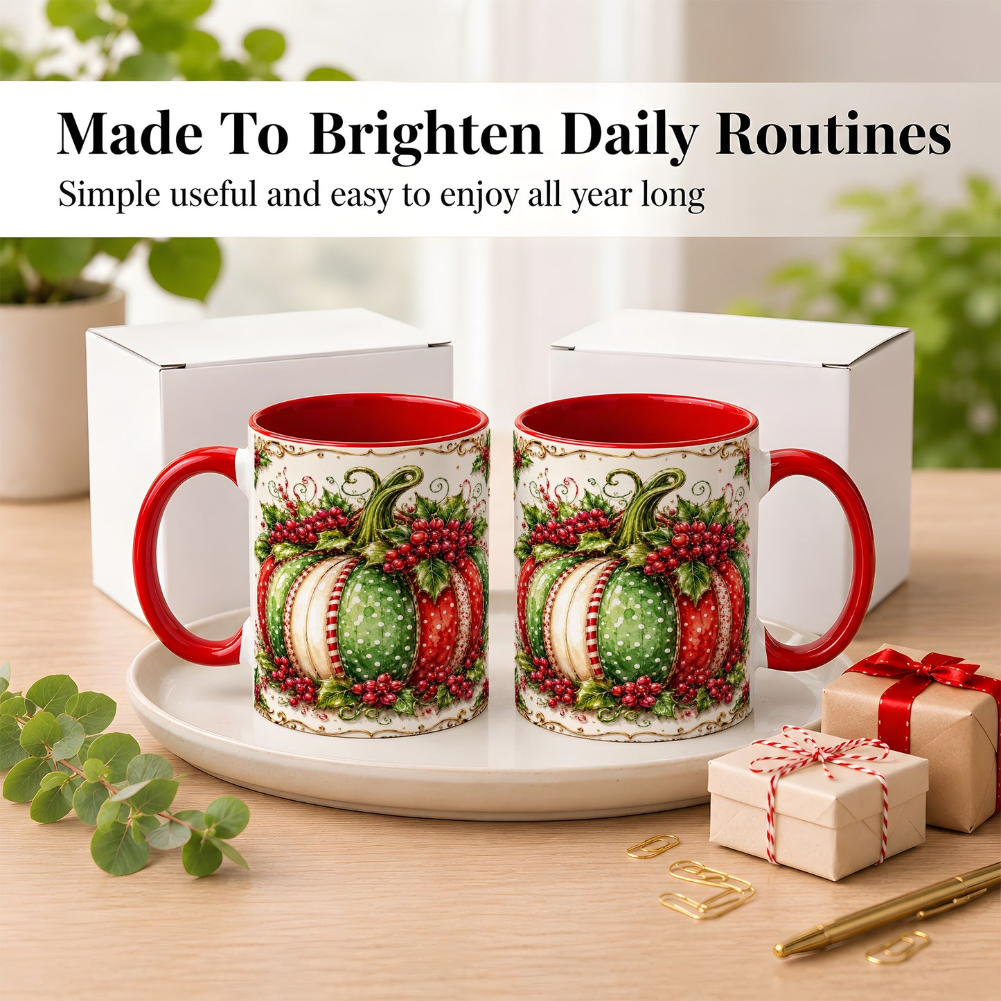 #pl[11oz|Red] Christmas Pumpkin Coffee Mug, Holly Berry Mug, Ceramic Cup