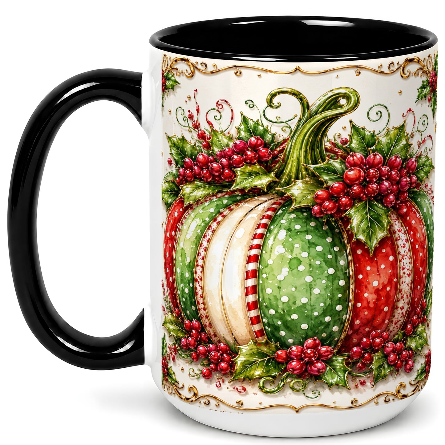 #pl[15oz|Black] Christmas Pumpkin Coffee Mug, Holly Berry Mug, Ceramic Cup