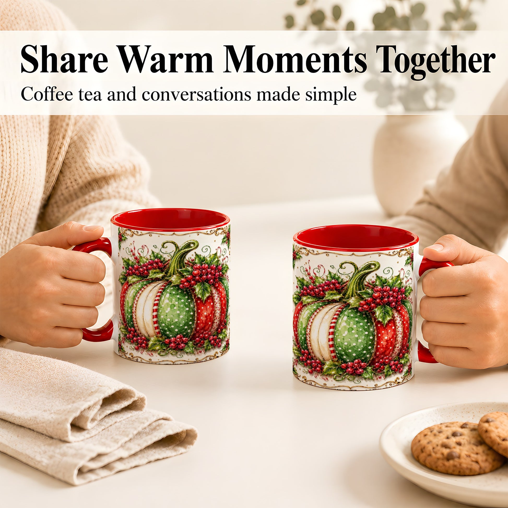 #pl[11oz|Red] Christmas Pumpkin Coffee Mug, Holly Berry Mug, Ceramic Cup