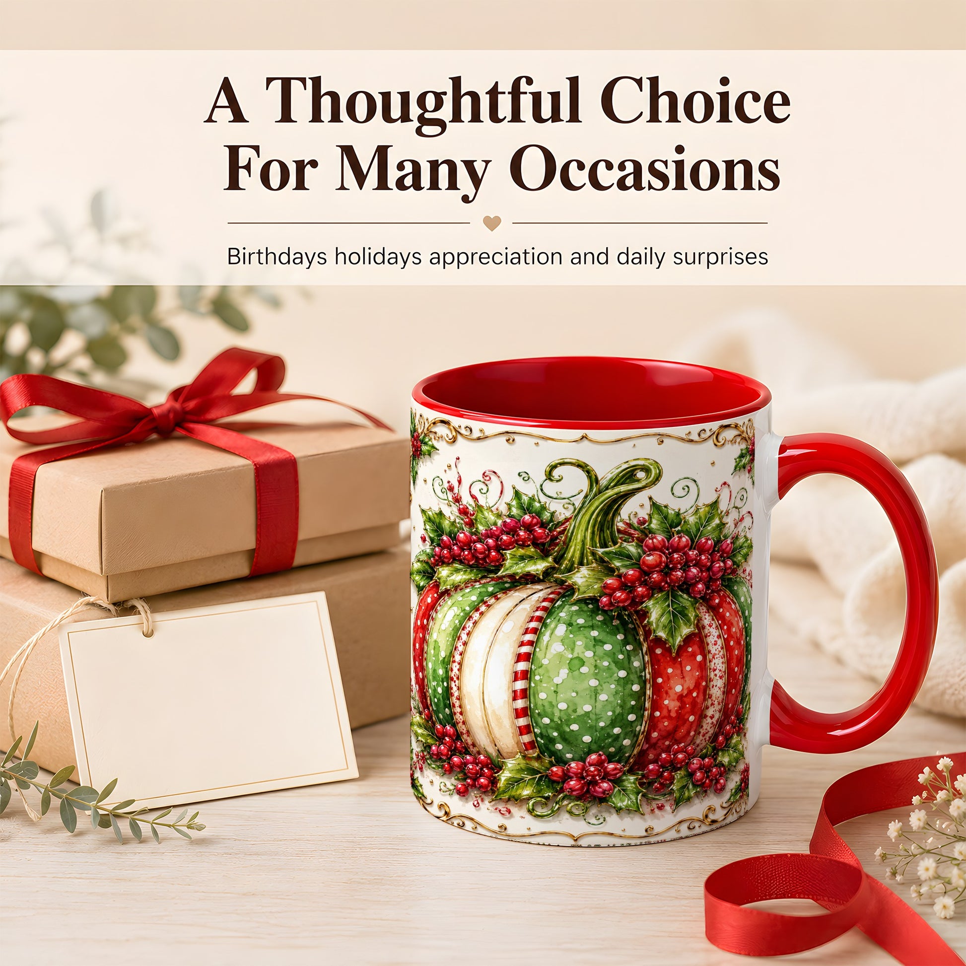 #pl[11oz|Red] Christmas Pumpkin Coffee Mug, Holly Berry Mug, Ceramic Cup