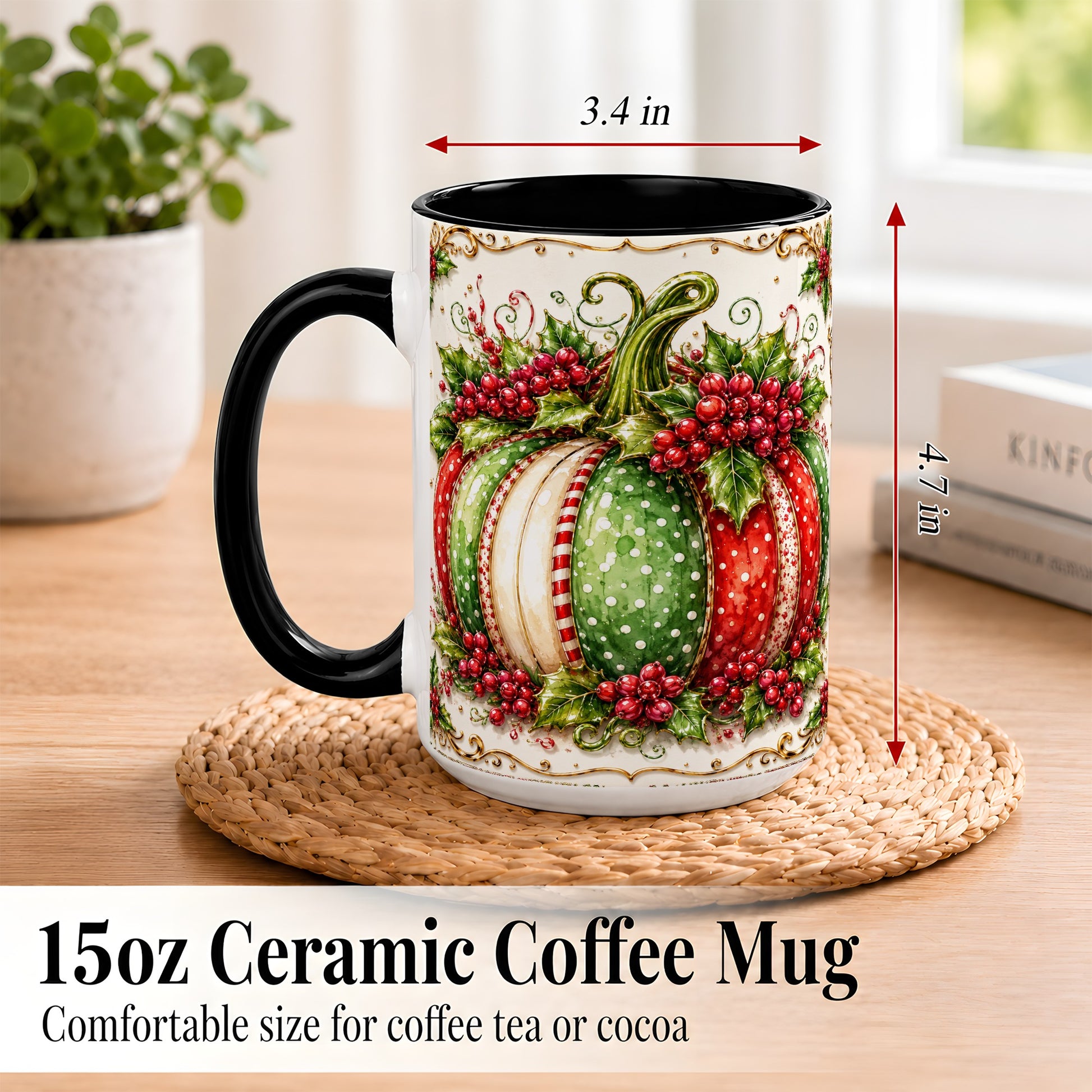 #pl[15oz|Black] Christmas Pumpkin Coffee Mug, Holly Berry Mug, Ceramic Cup