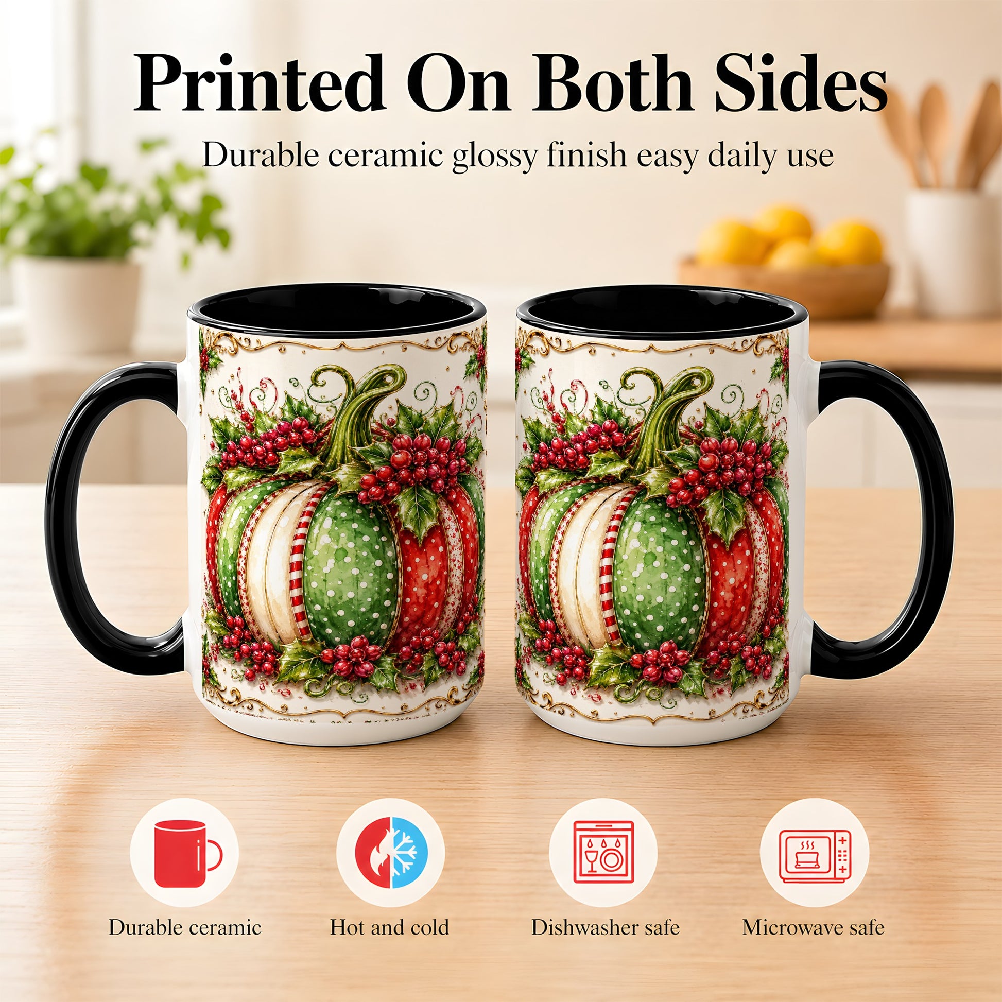 #pl[15oz|Black] Christmas Pumpkin Coffee Mug, Holly Berry Mug, Ceramic Cup