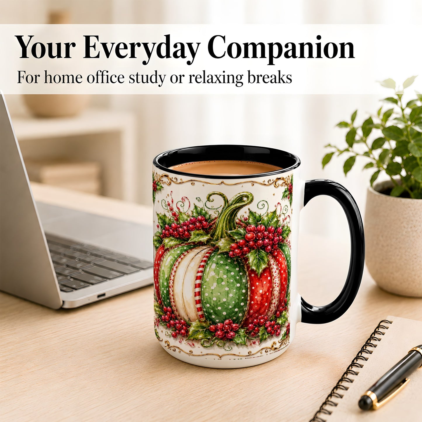 #pl[15oz|Black] Christmas Pumpkin Coffee Mug, Holly Berry Mug, Ceramic Cup
