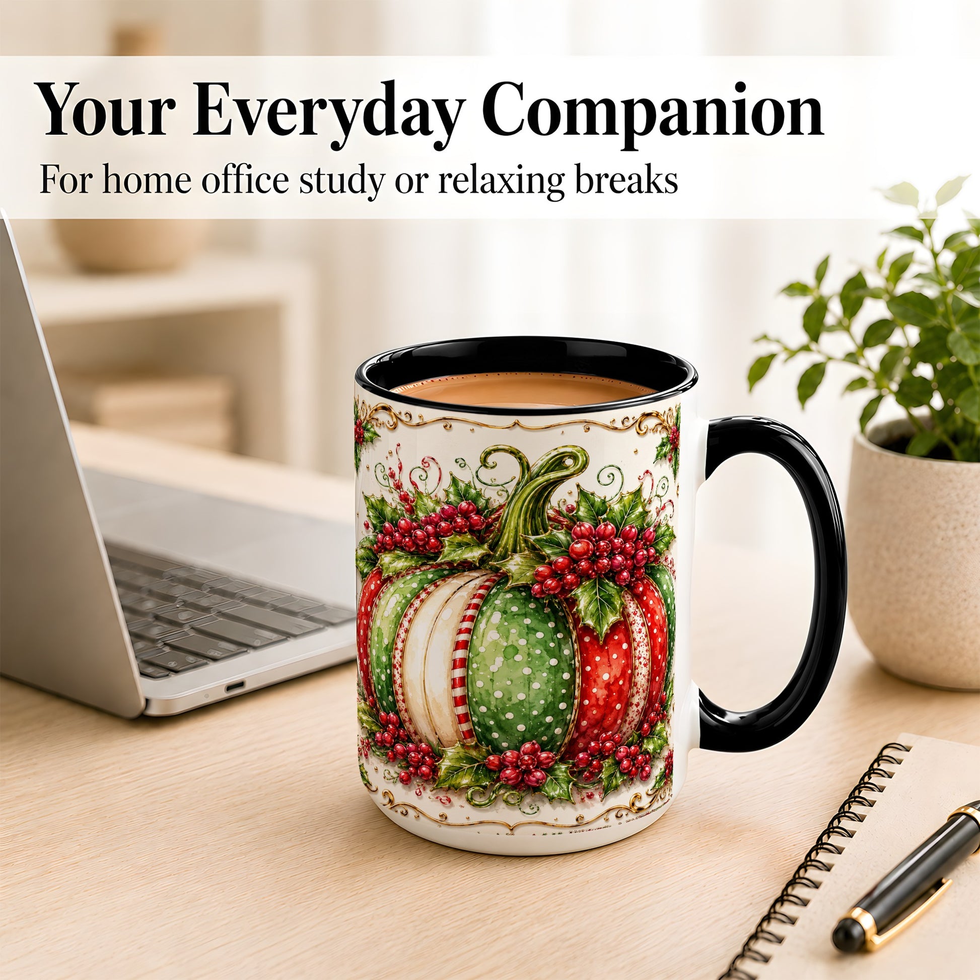 #pl[15oz|Black] Christmas Pumpkin Coffee Mug, Holly Berry Mug, Ceramic Cup