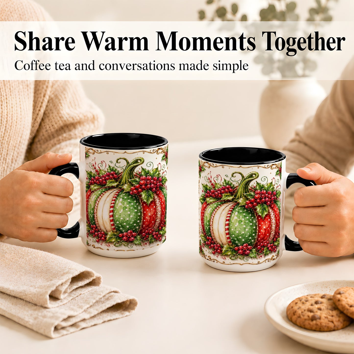#pl[15oz|Black] Christmas Pumpkin Coffee Mug, Holly Berry Mug, Ceramic Cup