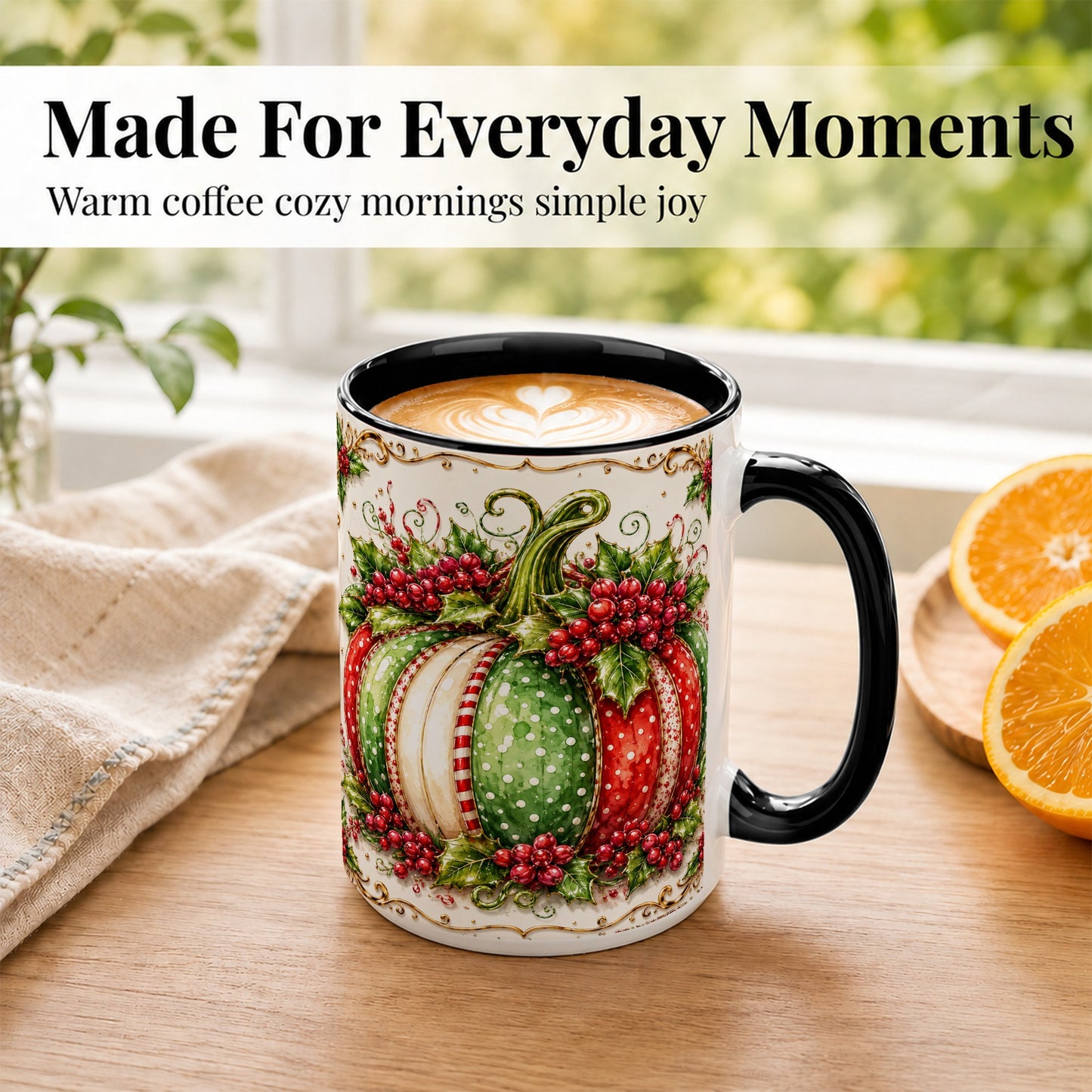 #pl[15oz|Black] Christmas Pumpkin Coffee Mug, Holly Berry Mug, Ceramic Cup