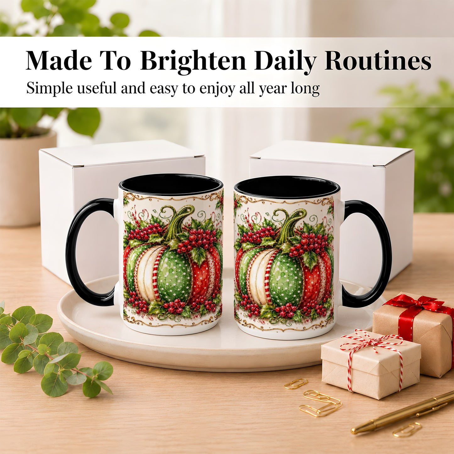 #pl[15oz|Black] Christmas Pumpkin Coffee Mug, Holly Berry Mug, Ceramic Cup