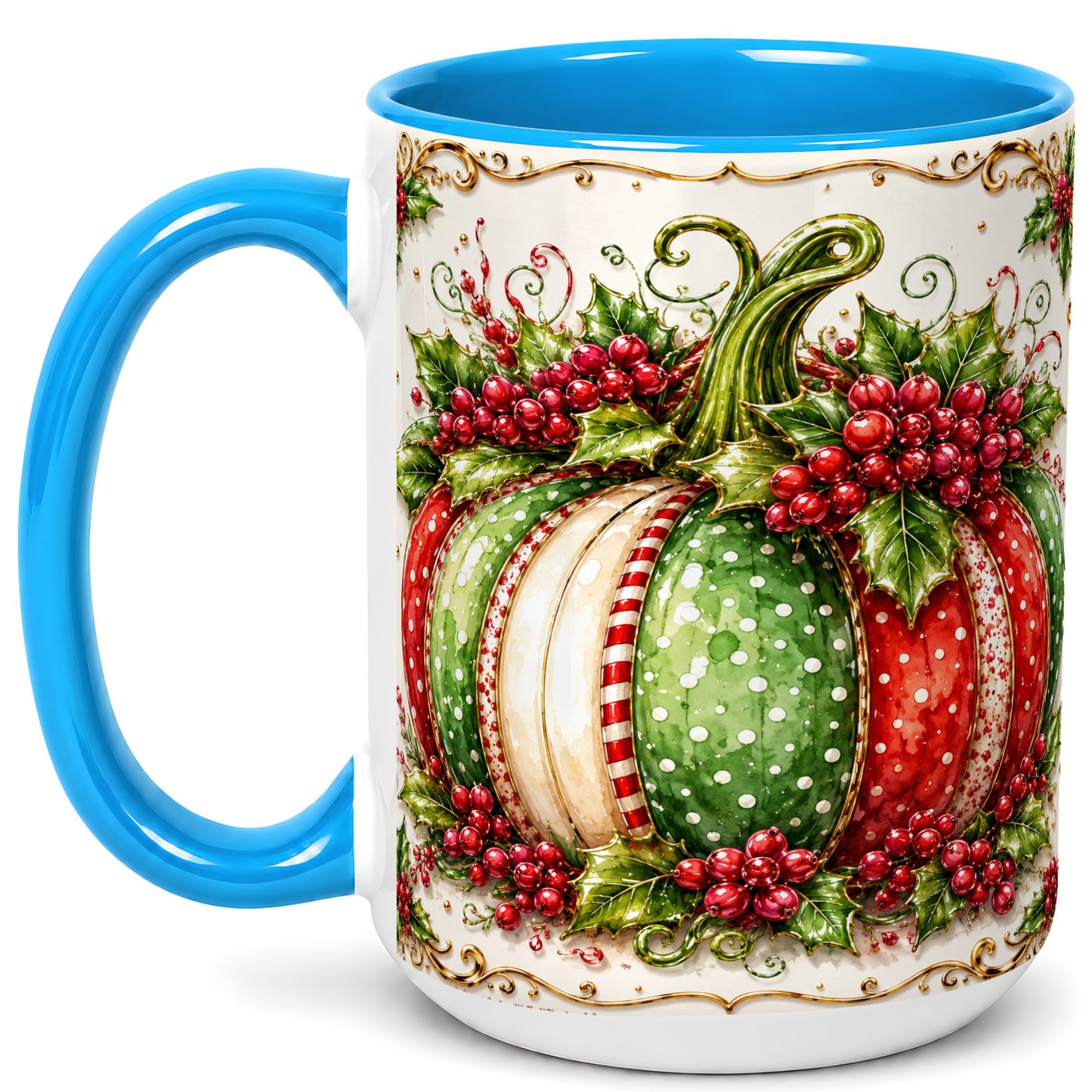 #pl[15oz|Blue] Christmas Pumpkin Coffee Mug, Holly Berry Mug, Ceramic Cup