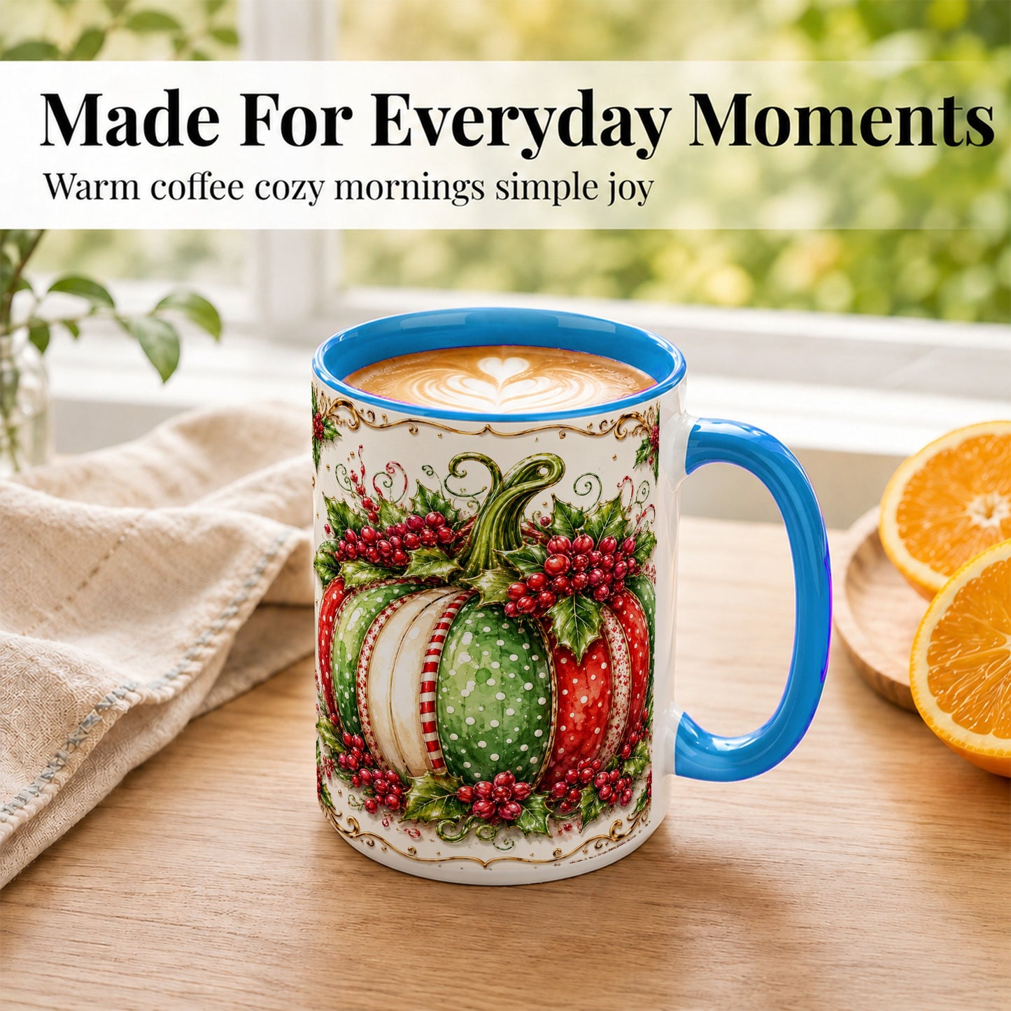 #pl[15oz|Blue] Christmas Pumpkin Coffee Mug, Holly Berry Mug, Ceramic Cup