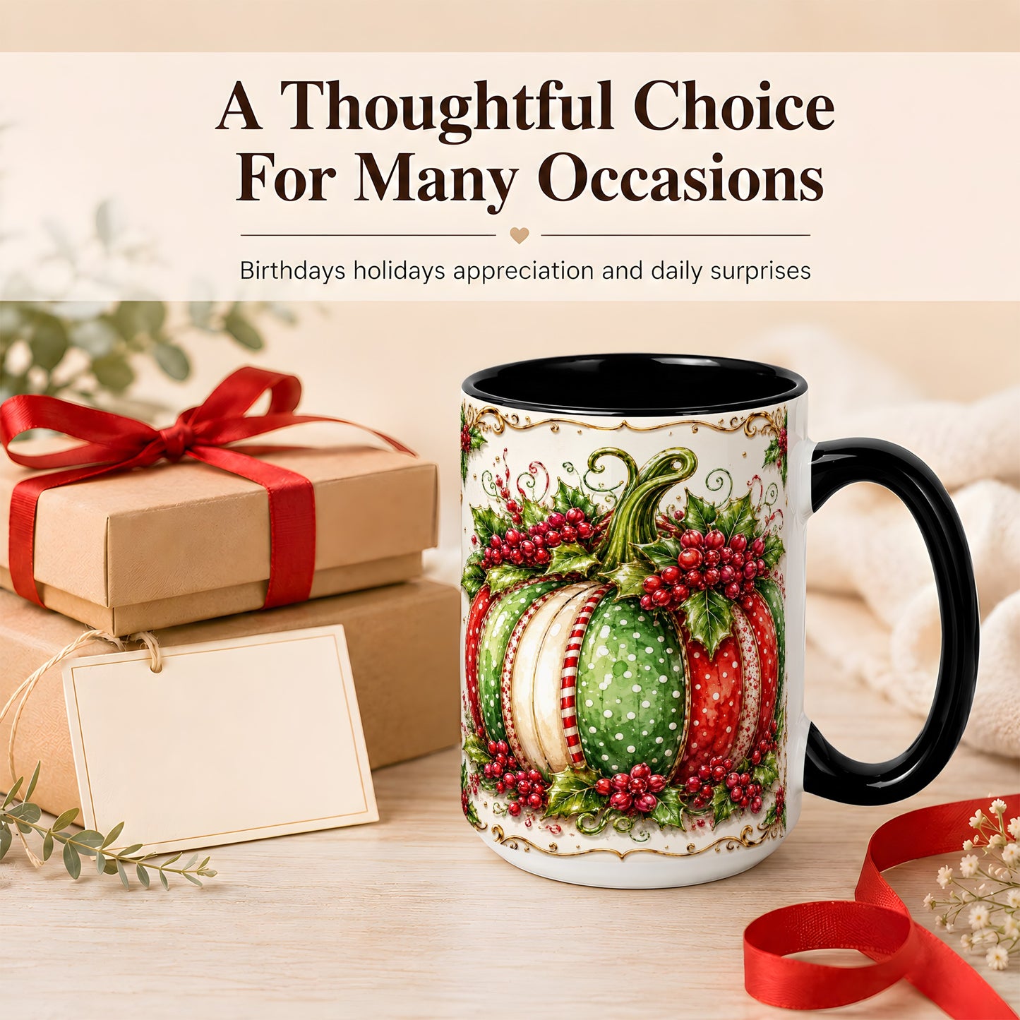 #pl[15oz|Black] Christmas Pumpkin Coffee Mug, Holly Berry Mug, Ceramic Cup