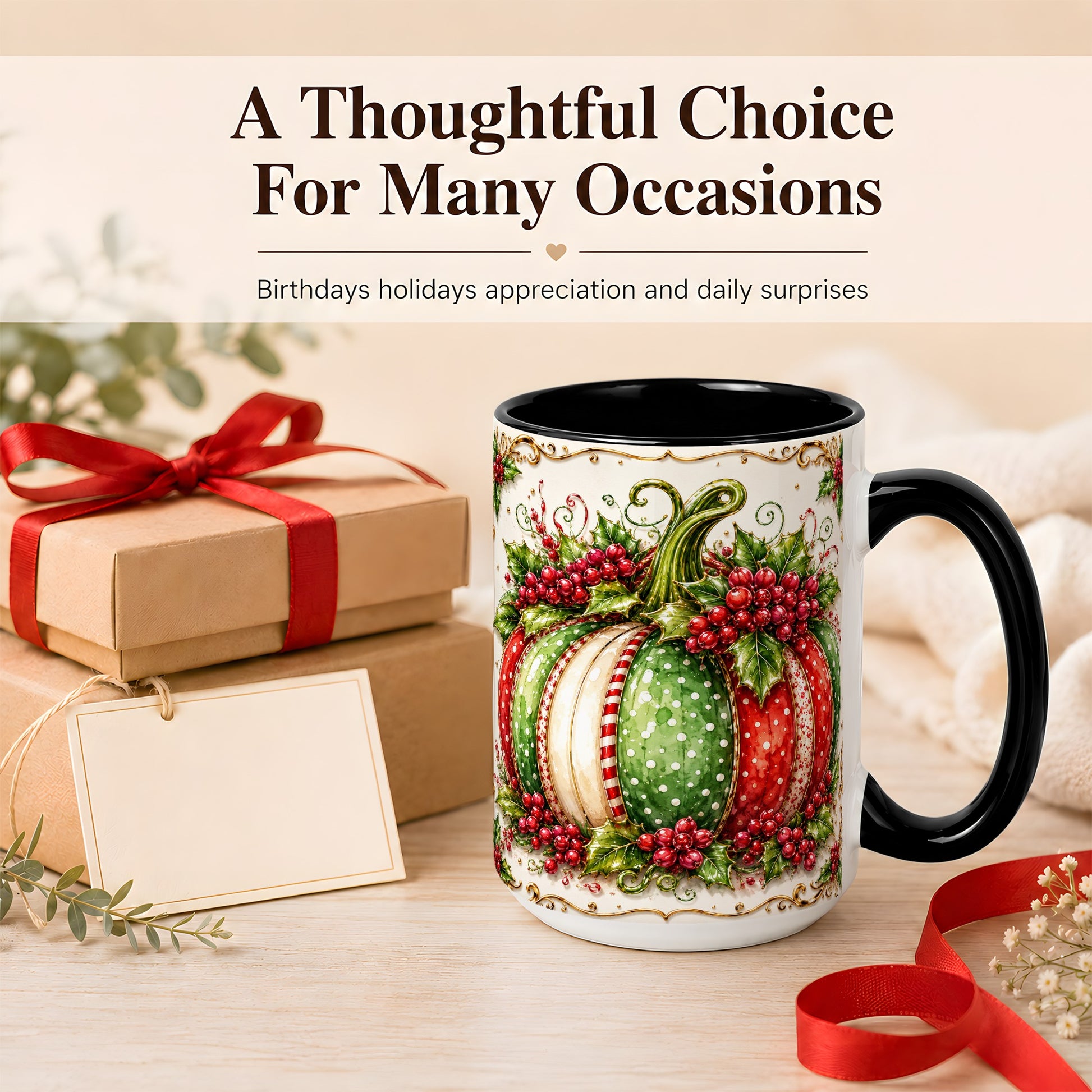 #pl[15oz|Black] Christmas Pumpkin Coffee Mug, Holly Berry Mug, Ceramic Cup