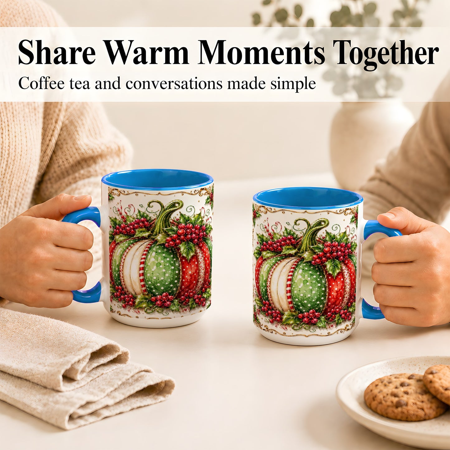 #pl[15oz|Blue] Christmas Pumpkin Coffee Mug, Holly Berry Mug, Ceramic Cup
