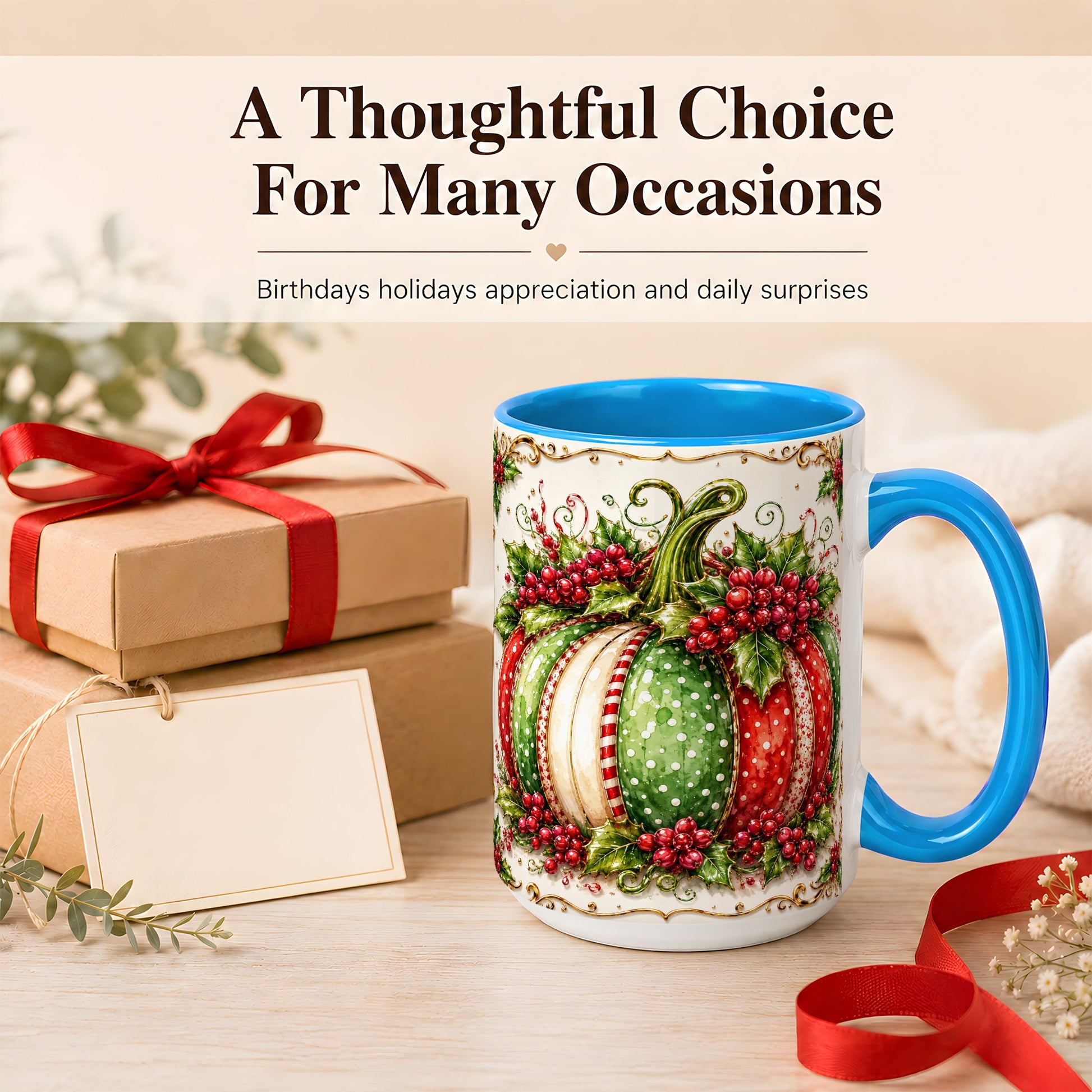 #pl[15oz|Blue] Christmas Pumpkin Coffee Mug, Holly Berry Mug, Ceramic Cup