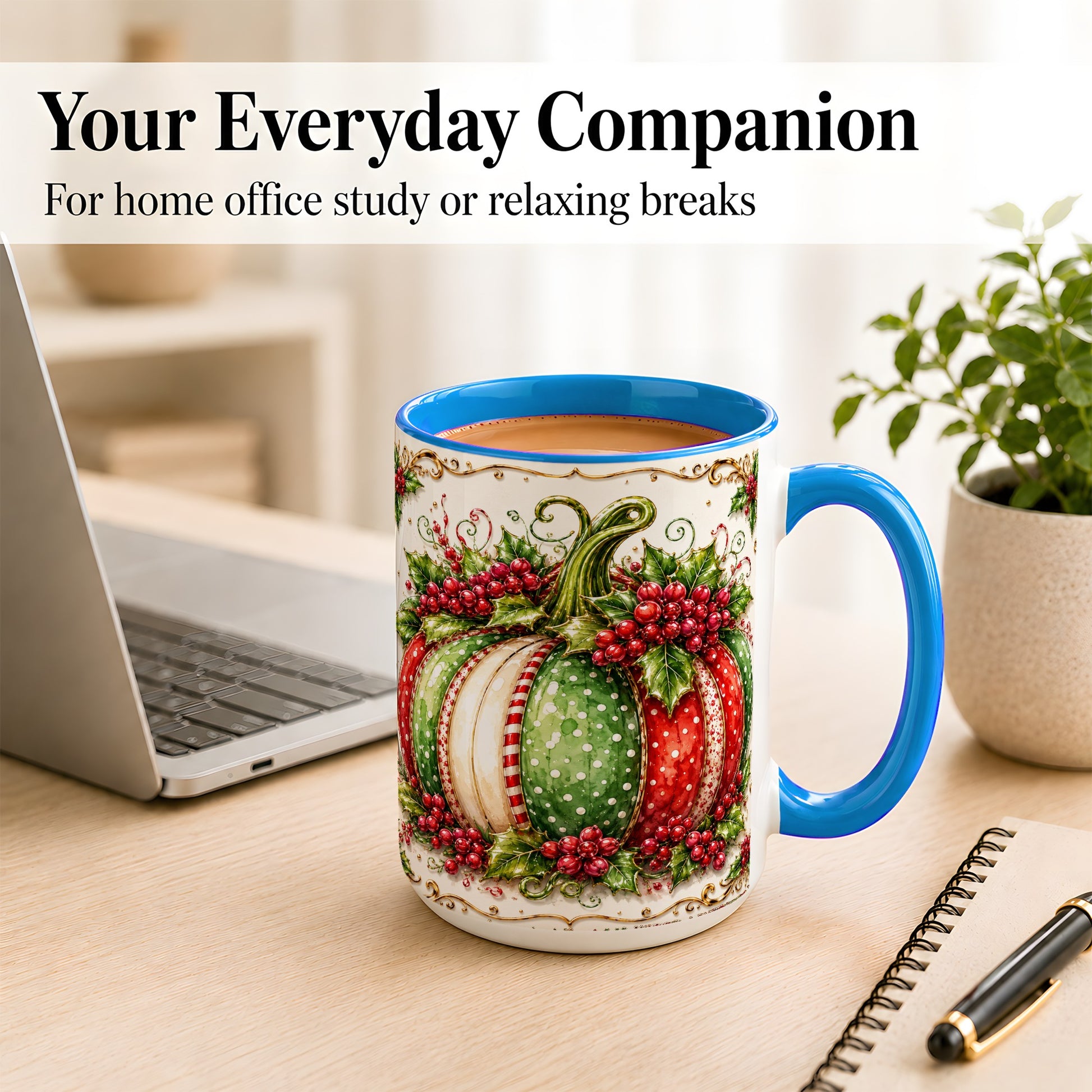 #pl[15oz|Blue] Christmas Pumpkin Coffee Mug, Holly Berry Mug, Ceramic Cup