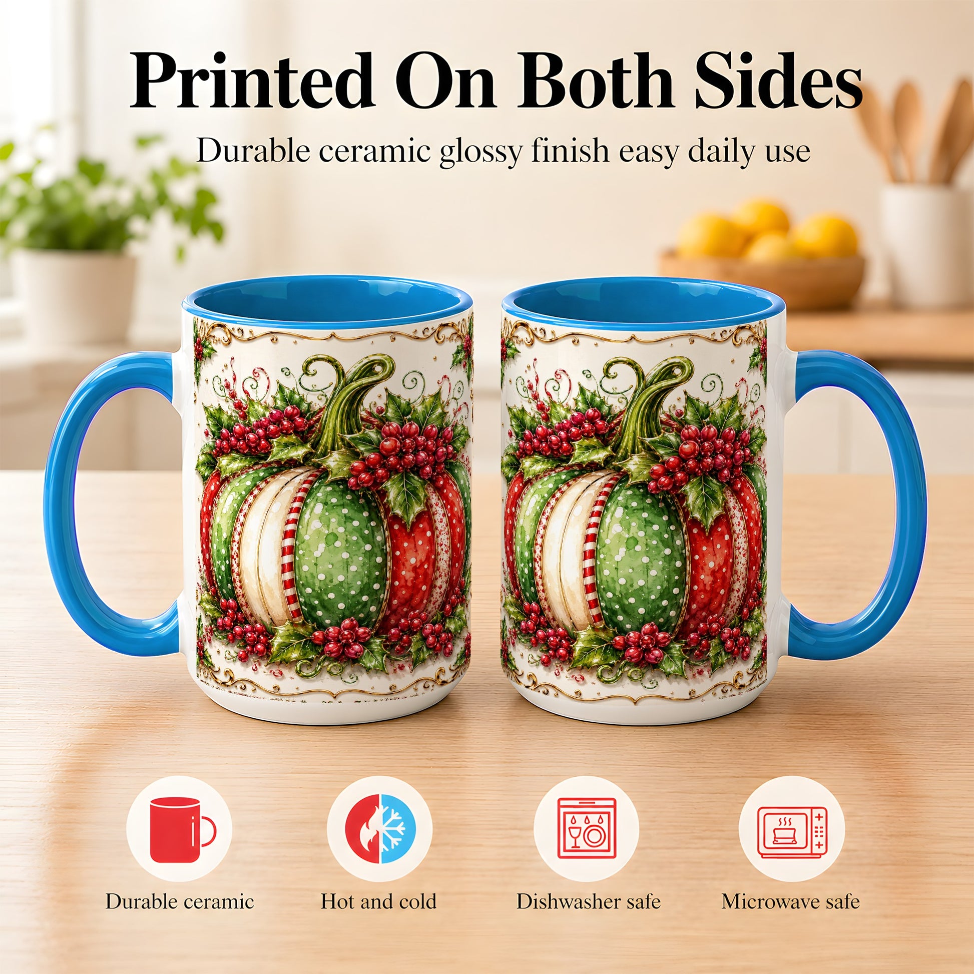 #pl[15oz|Blue] Christmas Pumpkin Coffee Mug, Holly Berry Mug, Ceramic Cup