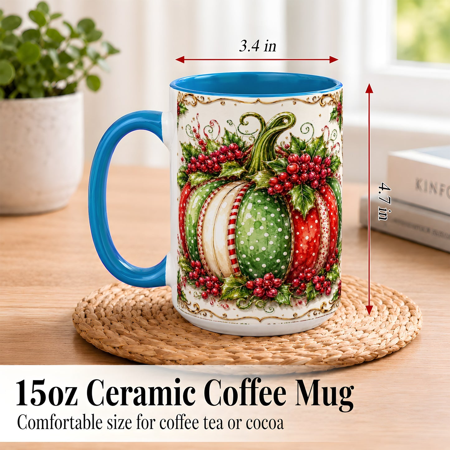 #pl[15oz|Blue] Christmas Pumpkin Coffee Mug, Holly Berry Mug, Ceramic Cup