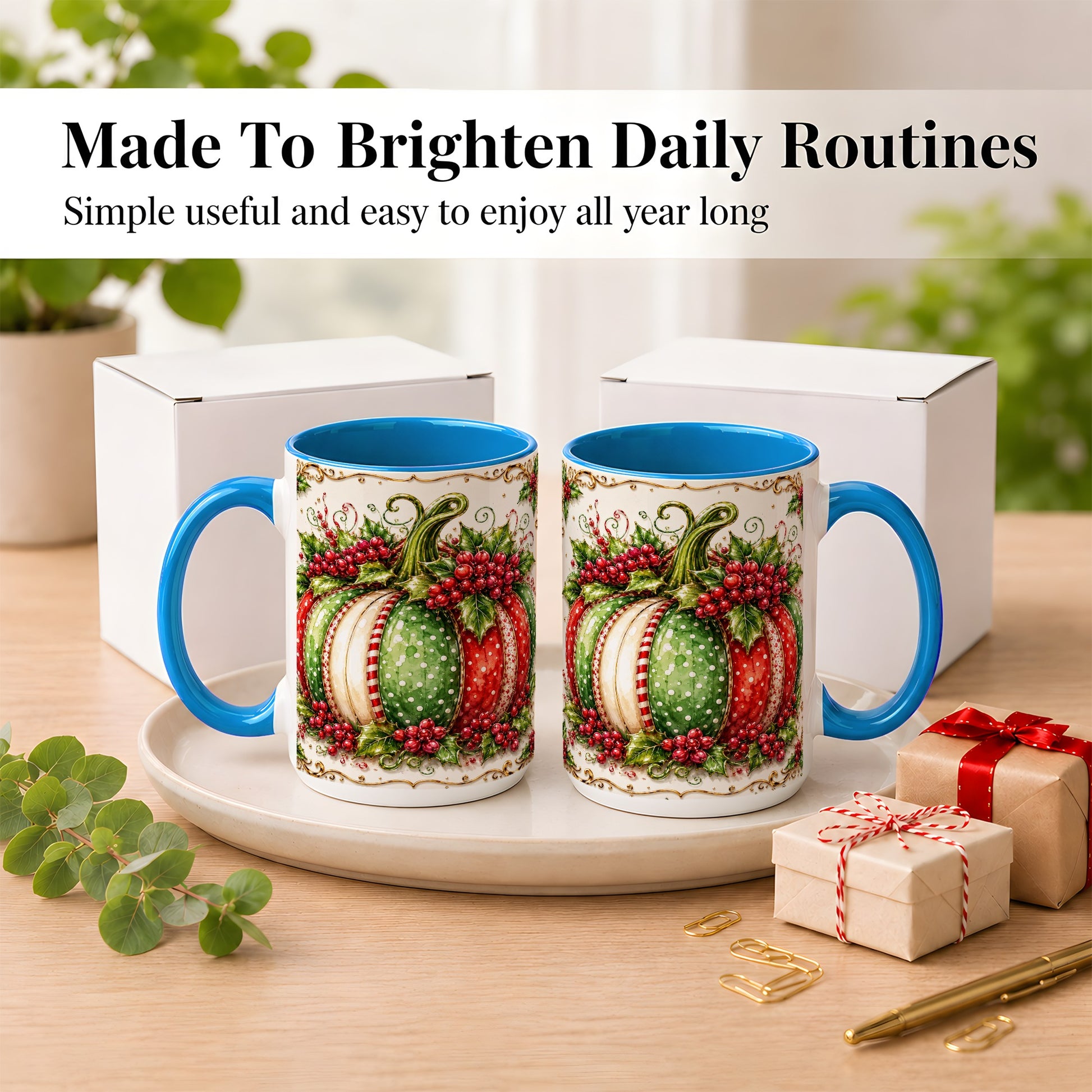 #pl[15oz|Blue] Christmas Pumpkin Coffee Mug, Holly Berry Mug, Ceramic Cup