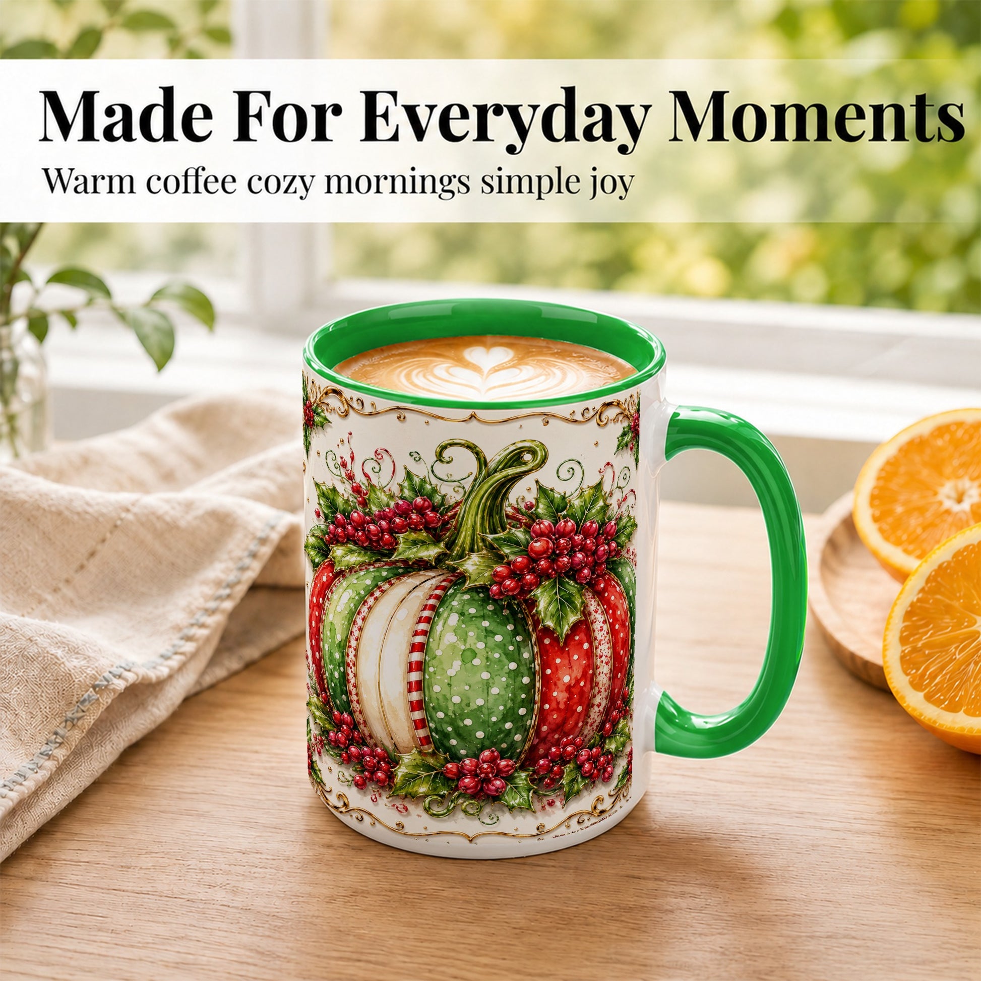 #pl[15oz|Green] Christmas Pumpkin Coffee Mug, Holly Berry Mug, Ceramic Cup