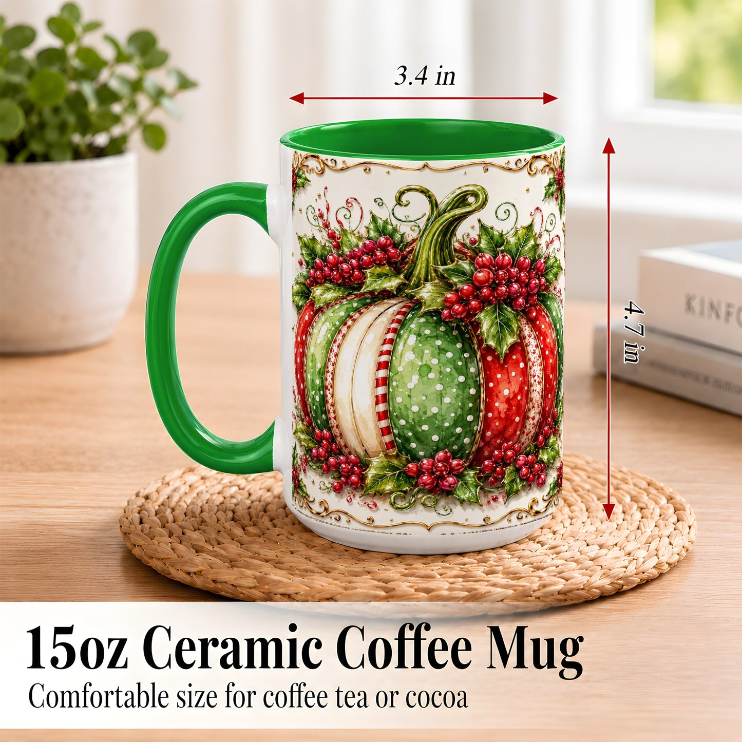 #pl[15oz|Green] Christmas Pumpkin Coffee Mug, Holly Berry Mug, Ceramic Cup