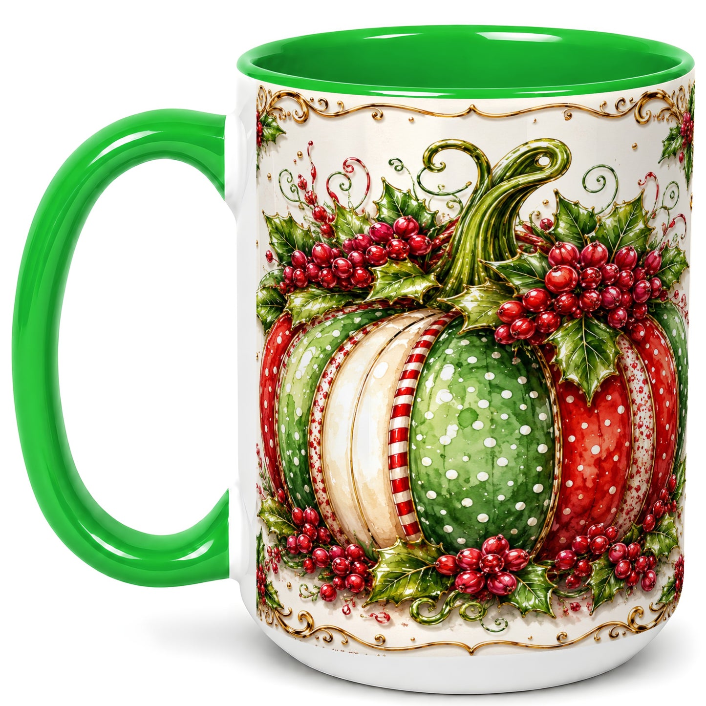 #pl[15oz|Green] Christmas Pumpkin Coffee Mug, Holly Berry Mug, Ceramic Cup