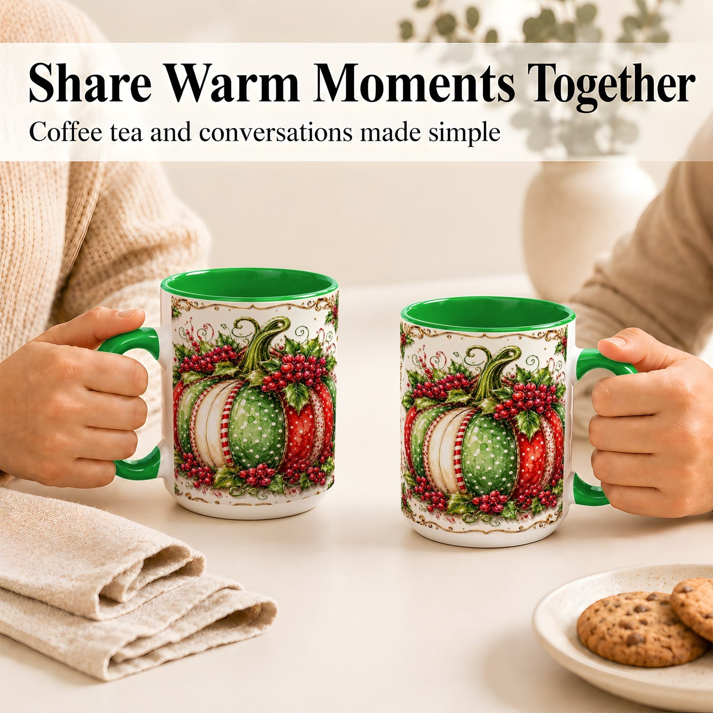 #pl[15oz|Green] Christmas Pumpkin Coffee Mug, Holly Berry Mug, Ceramic Cup