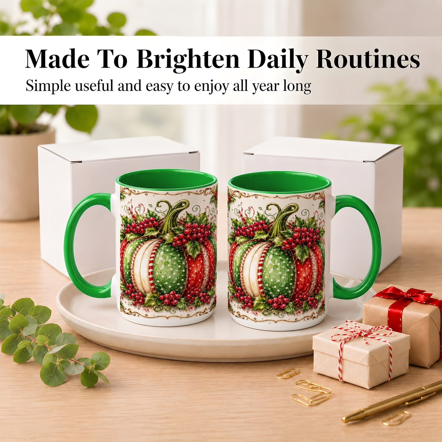 #pl[15oz|Green] Christmas Pumpkin Coffee Mug, Holly Berry Mug, Ceramic Cup