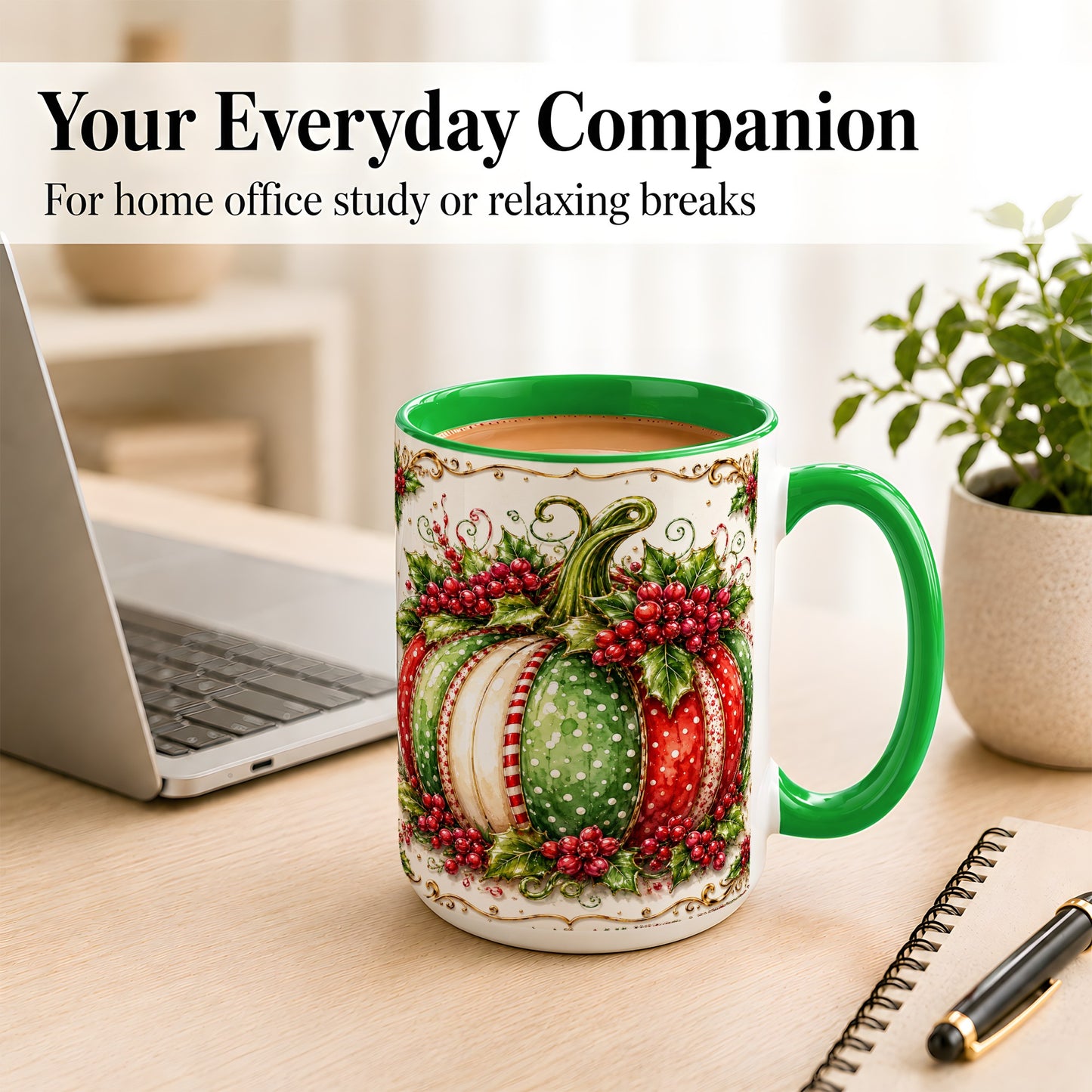 #pl[15oz|Green] Christmas Pumpkin Coffee Mug, Holly Berry Mug, Ceramic Cup
