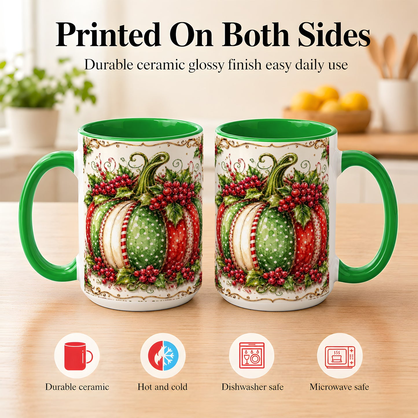 #pl[15oz|Green] Christmas Pumpkin Coffee Mug, Holly Berry Mug, Ceramic Cup