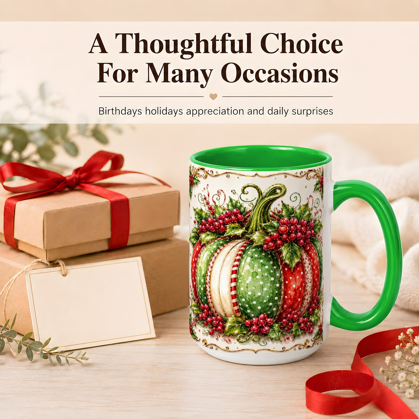 #pl[15oz|Green] Christmas Pumpkin Coffee Mug, Holly Berry Mug, Ceramic Cup