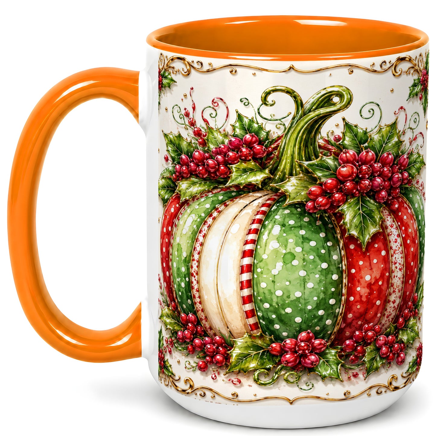 #pl[15oz|Orange] Christmas Pumpkin Coffee Mug, Holly Berry Mug, Ceramic Cup