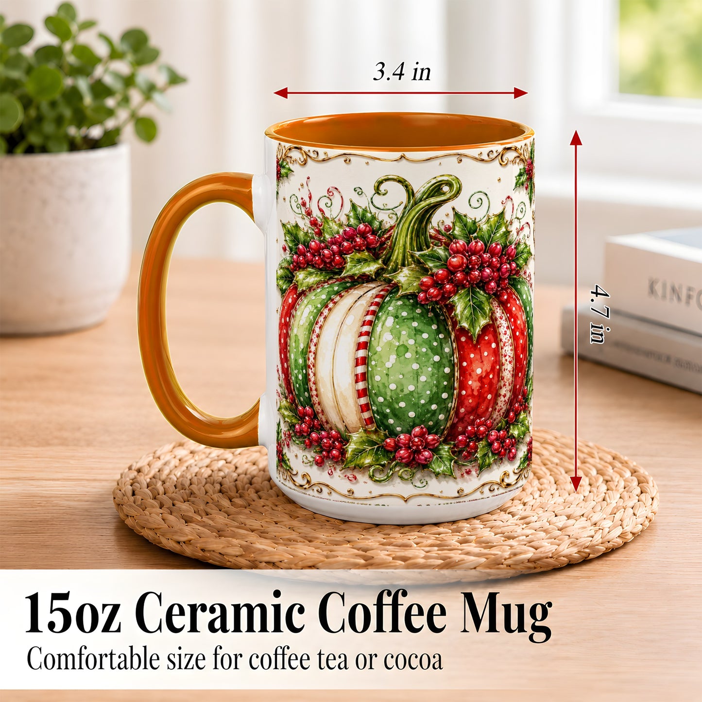 #pl[15oz|Orange] Christmas Pumpkin Coffee Mug, Holly Berry Mug, Ceramic Cup